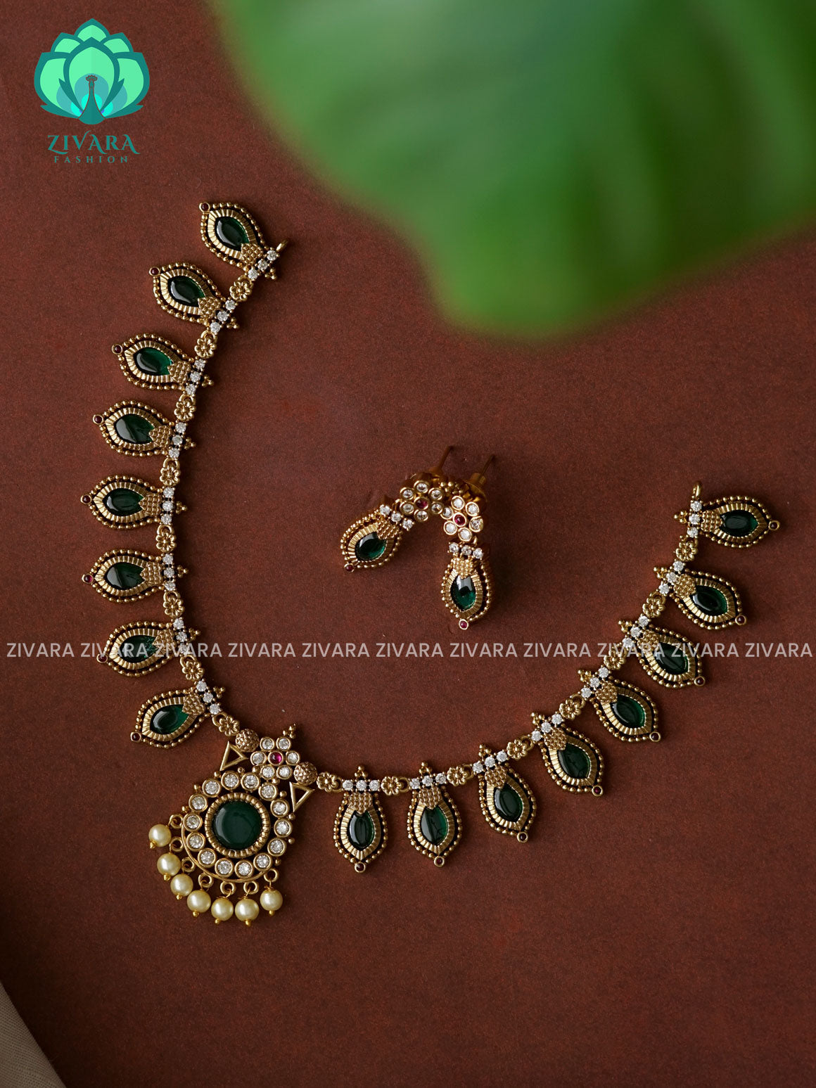 GREEN PALAKKAD Traditional south indian premium neckwear with earrings- Zivara Fashion- latest jewellery design.