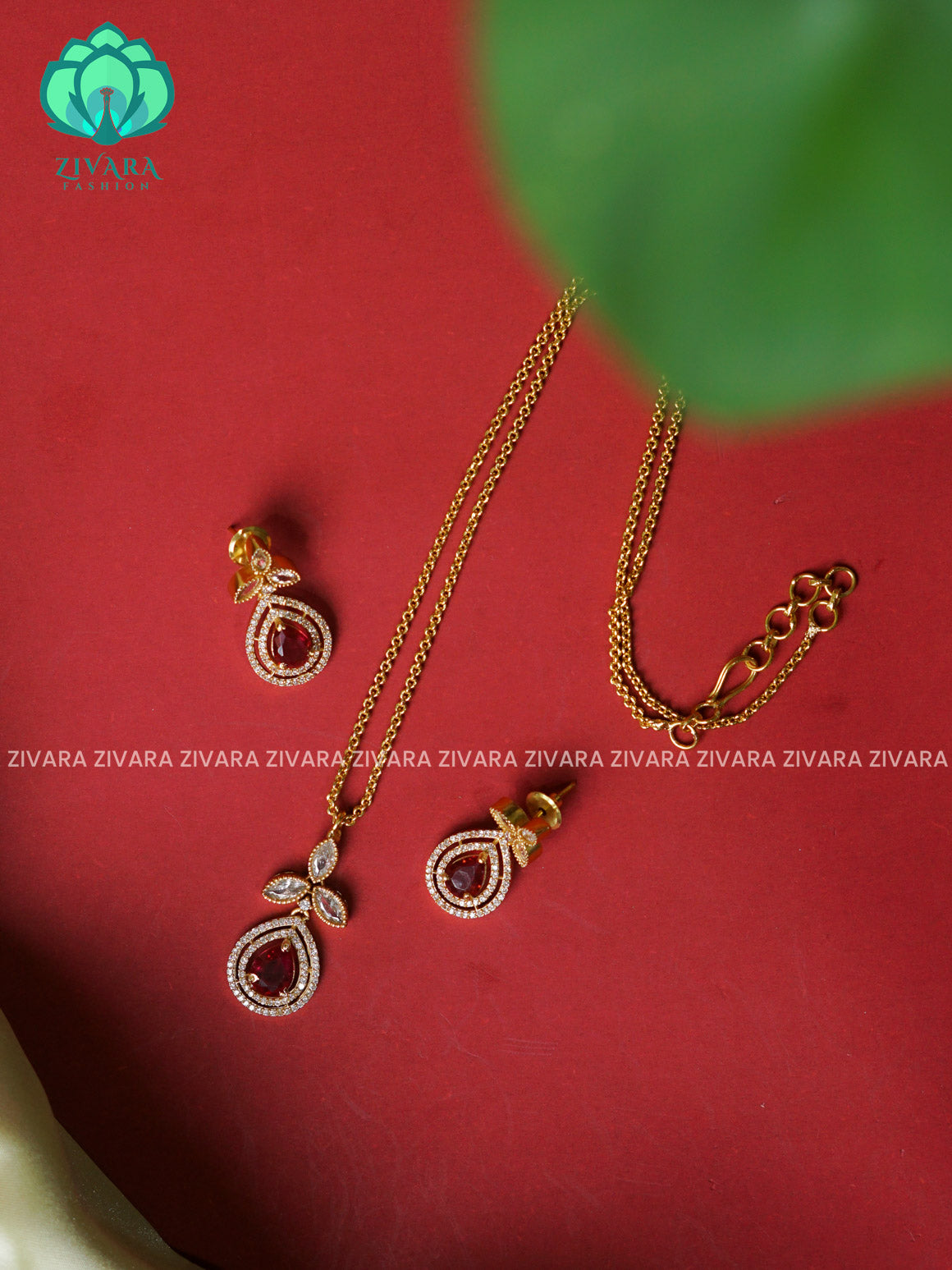 RUBY  SIMPLE CHAIN WITH PENDANT Traditional south indian premium neckwear with earrings- Zivara Fashion- latest jewellery design