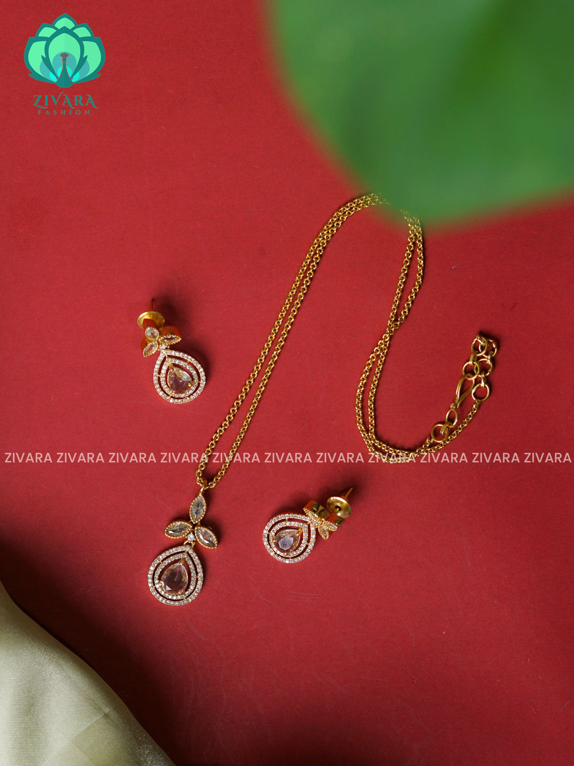 WHITE  SIMPLE CHAIN WITH PENDANT Traditional south indian premium neckwear with earrings- Zivara Fashion- latest jewellery design