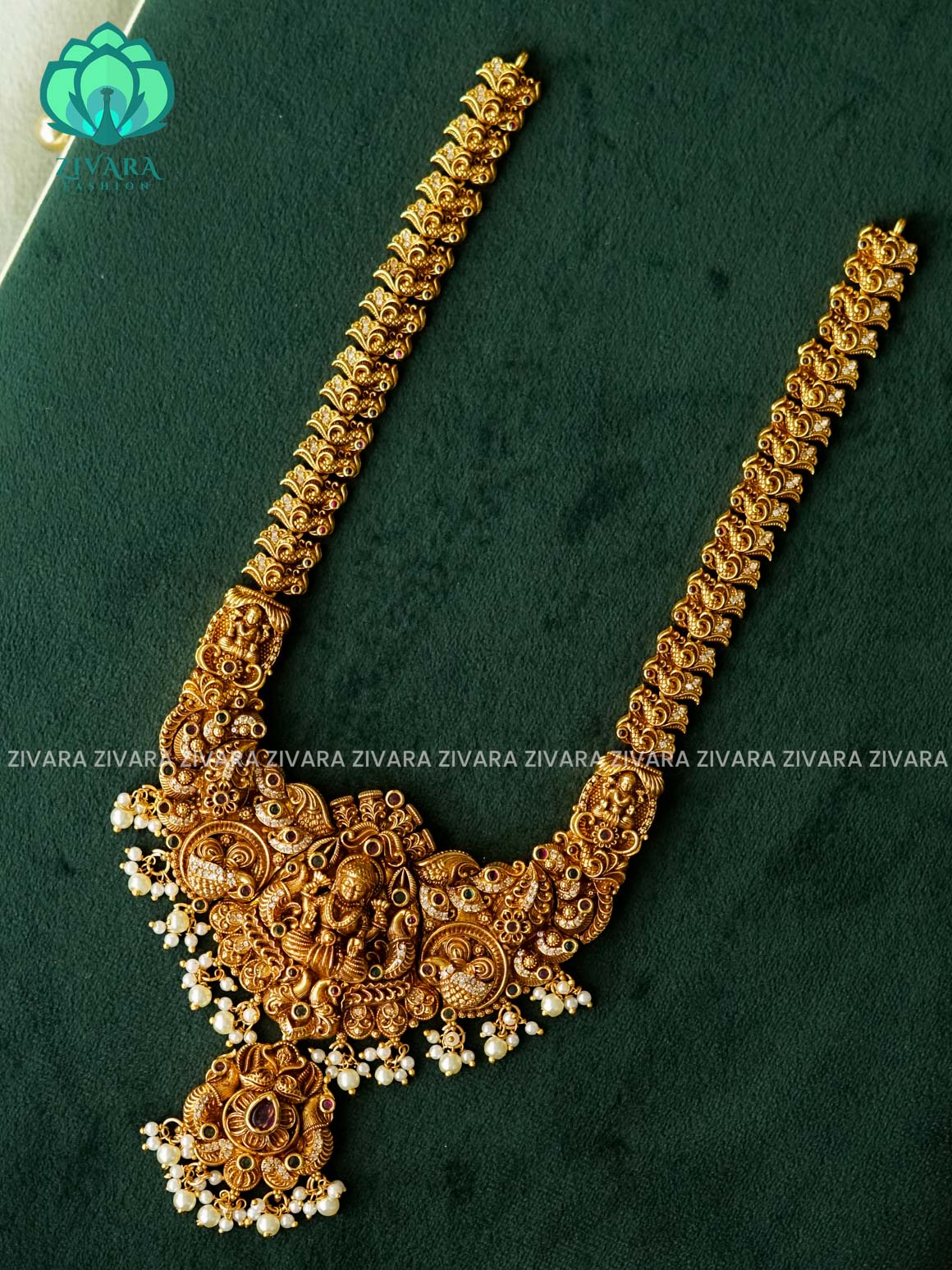 VINTAGE TEMPLE BRIDAL LONG - Traditional PREMIUM MATTE polish MIDCHEST haaram/neckwear without earrings- Zivara Fashion