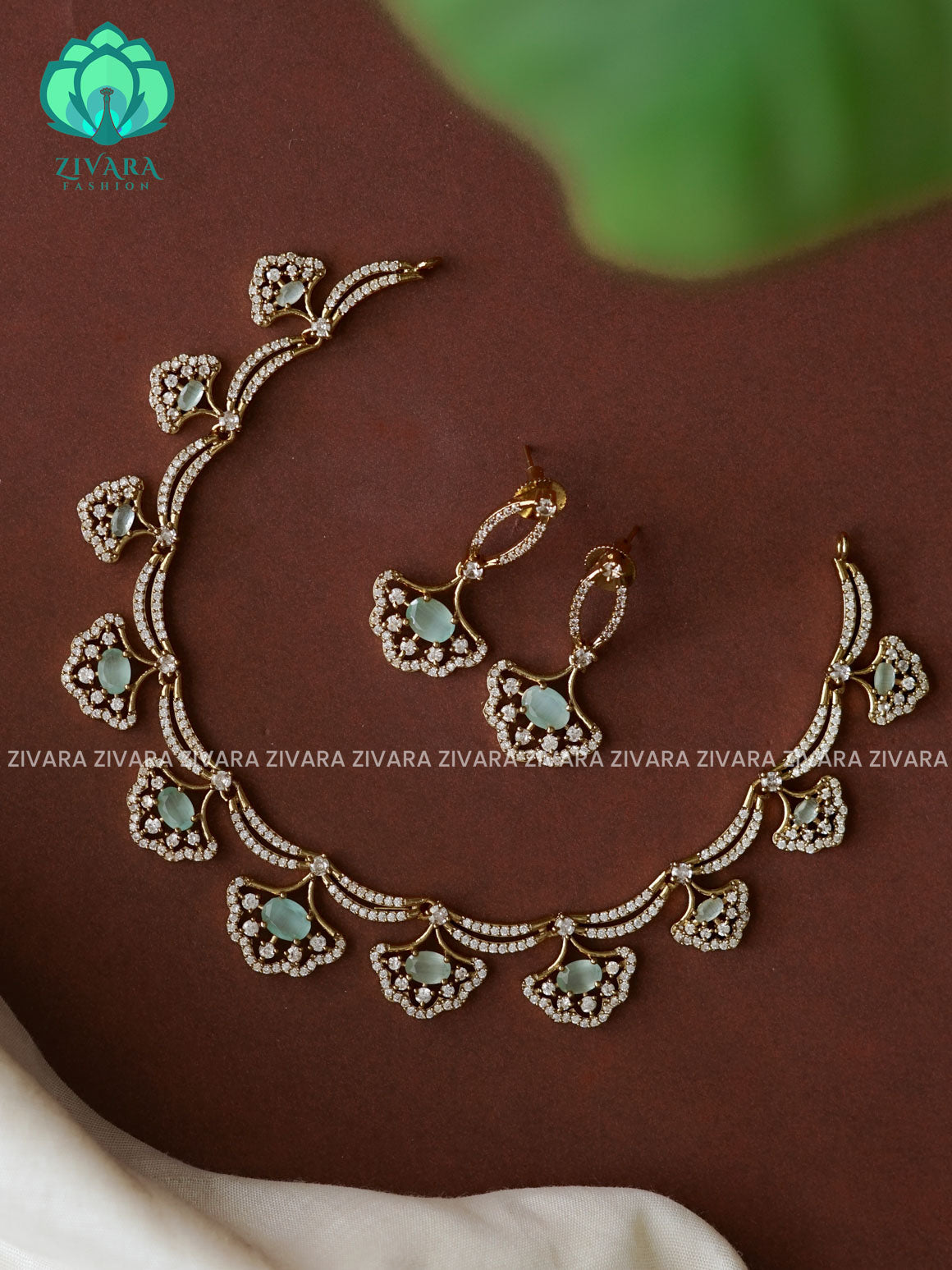 PASTEL GREEN FAN FLORAL - Ultra premium victoria finish dark polish trending neckwear collection- bridal collection- Zivara Fashion