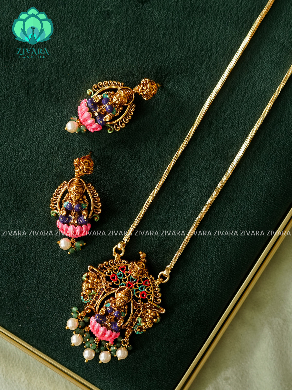 MADHURYA-HAND PAINTED-VINTAGE TEMPLE PENDANT WITH CHAIN - Traditional premium MATTE polish MIDCHEST neckwear with earrings- Zivara Fashion
