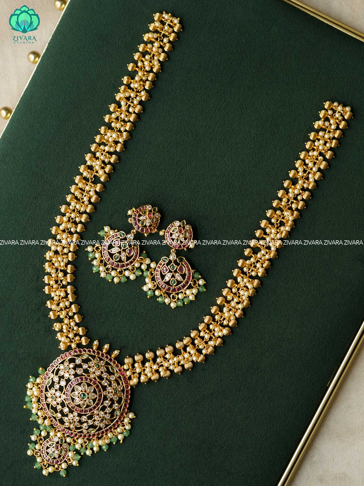REAL KEMP BRIDAL HAARAM  WITH GREEN BEADS HANGINGS - Traditional premium long haaram/neckwear with earrings- Zivara Fashion