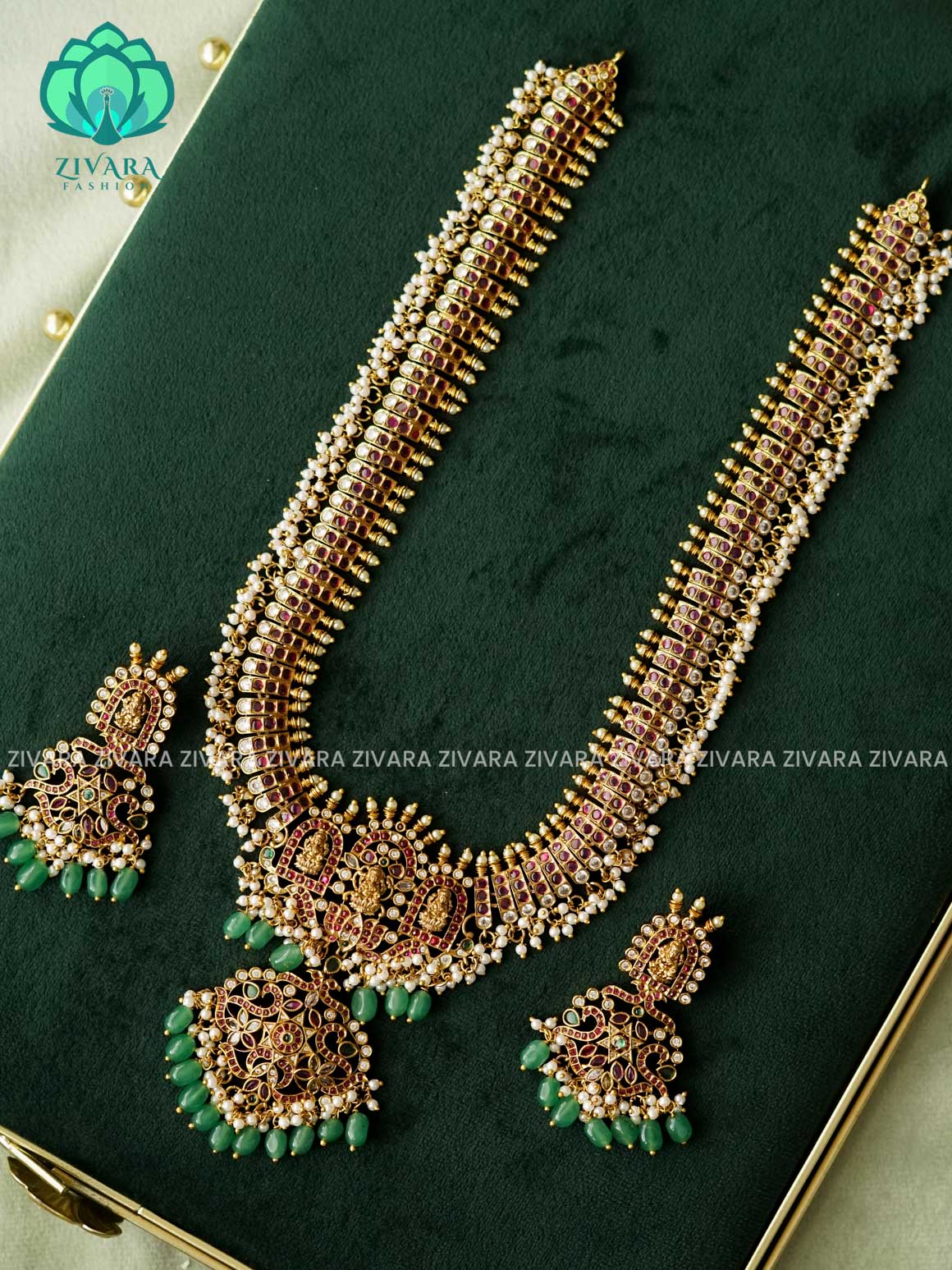 TEMPLE BRIDAL - Traditional PREMIUM MATTE polish MIDCHEST haaram/neckwear with earrings- Zivara Fashion