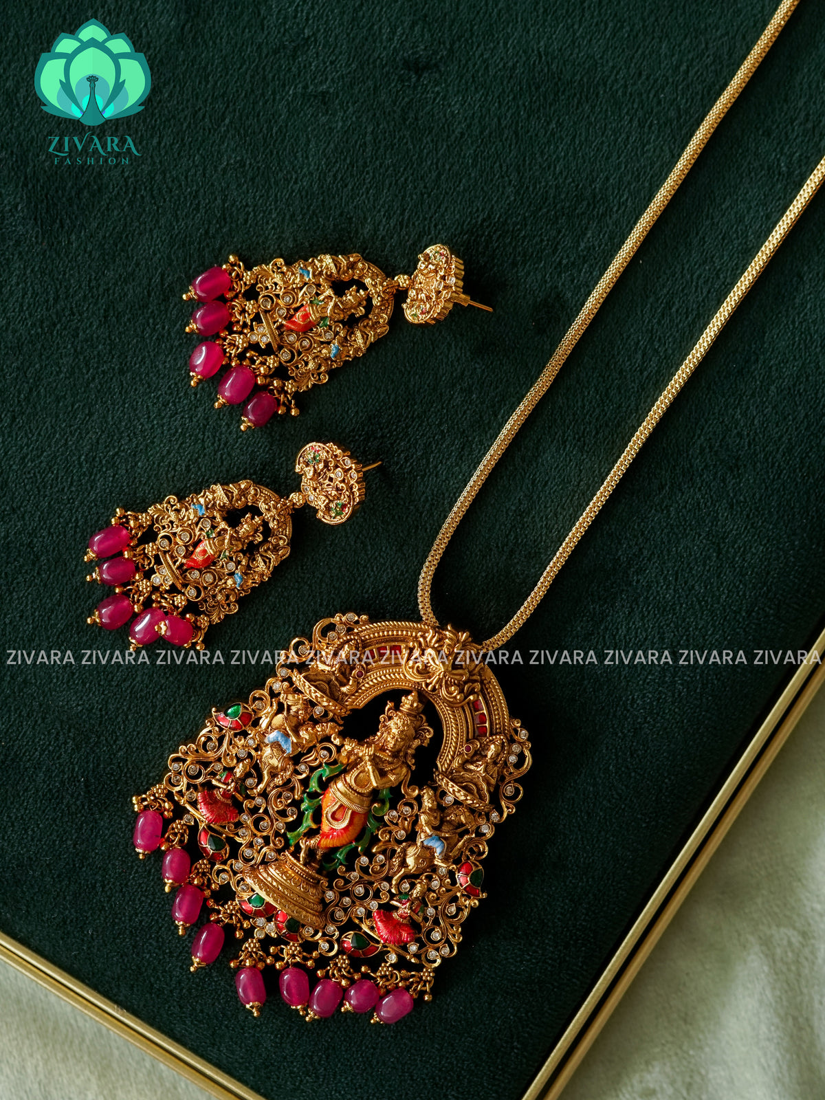 MADHURYA-HAND PAINTED-VINTAGE TEMPLE PENDANT WITH CHAIN - Traditional NORMAL MATTE polish MIDCHEST neckwear without earrings- Zivara Fashion