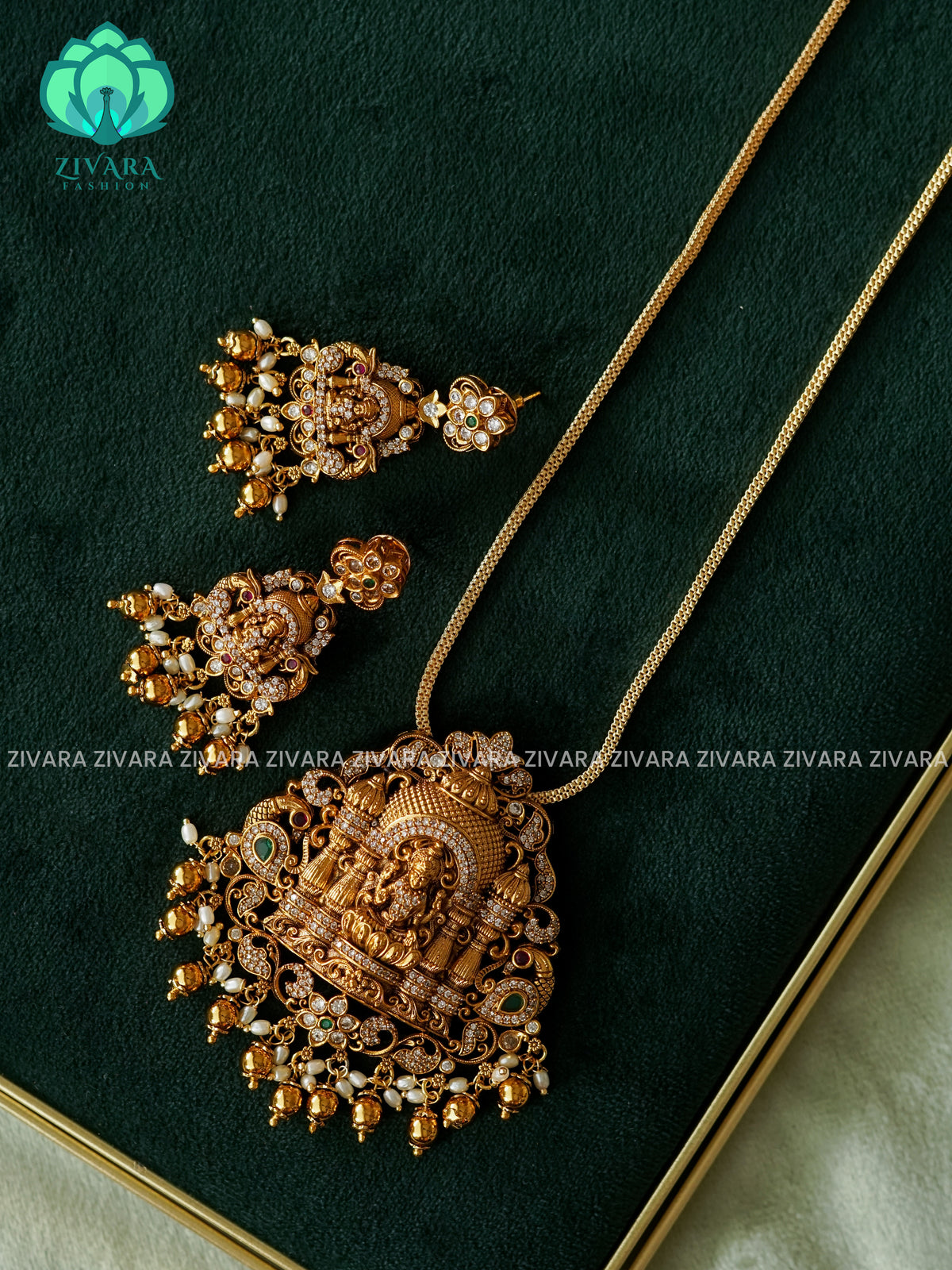 VINTAGE TEMPLE PENDANT WITH CHAIN - Traditional MATTE polish MIDCHEST neckwear with earrings- Zivara Fashion