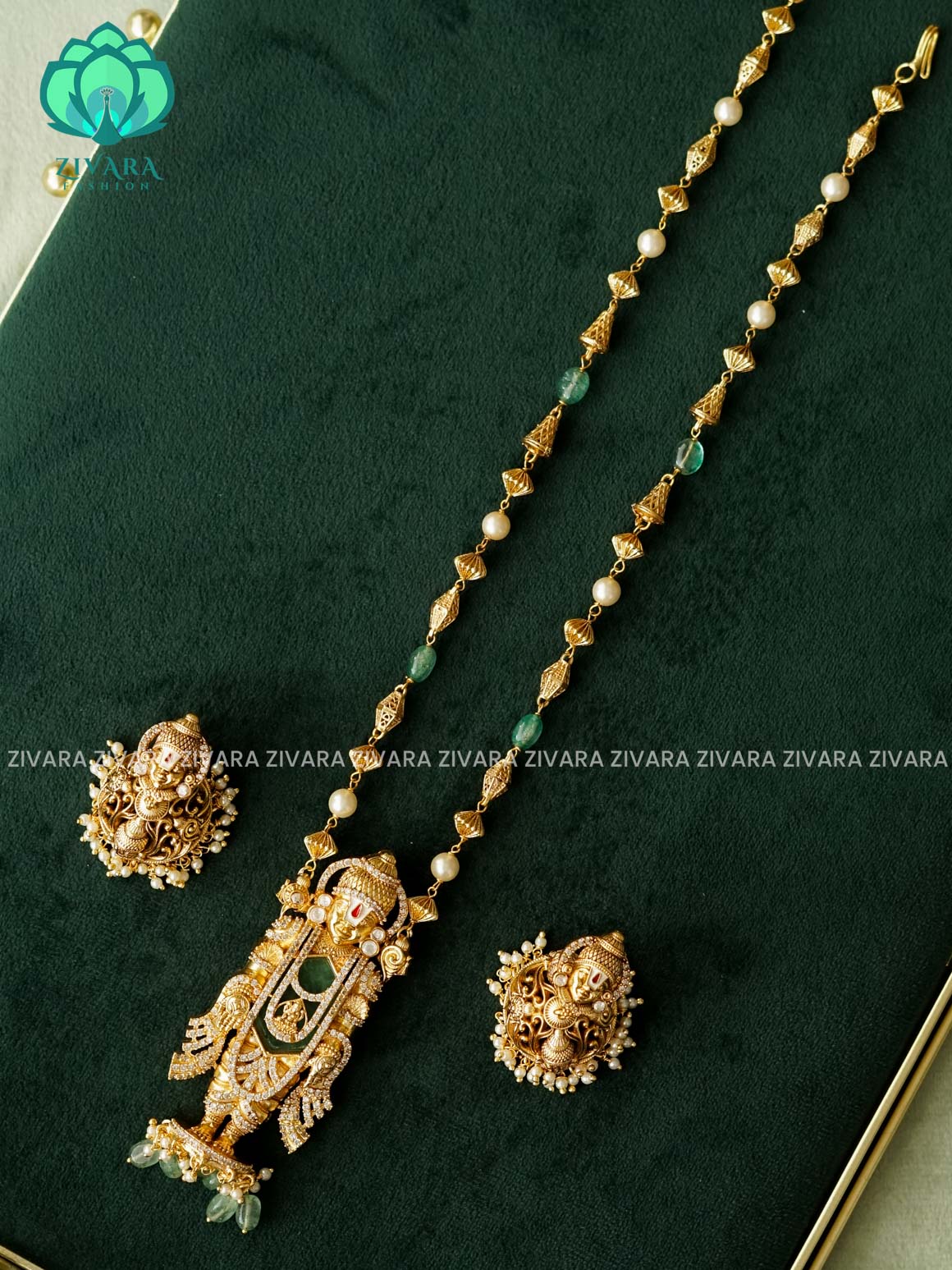 THIRUMAL PENDANT WITH CHAIN - Traditional NORMAL MIDCHEST haaram/neckwear with earrings- Zivara Fashion