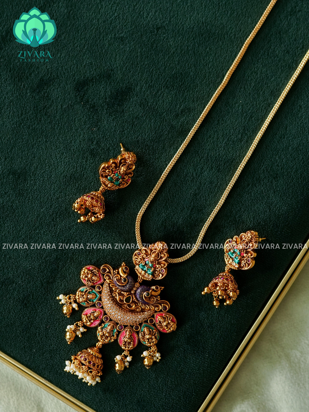 MADHURYA-HAND PAINTED-VINTAGE TEMPLE PENDANT WITH CHAIN - Traditional NORMAL MATTE polish MIDCHEST neckwear with earrings- Zivara Fashion