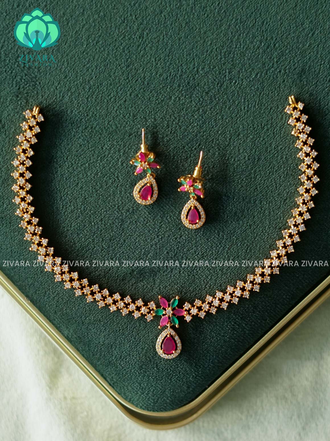 RUBY AND GREEN  HOTSELLING TEAR DROP  -PREMIUM SUBTLE GOLD FINISH  stylish and minimal elegant neckwear with earrings- Zivara Fashion