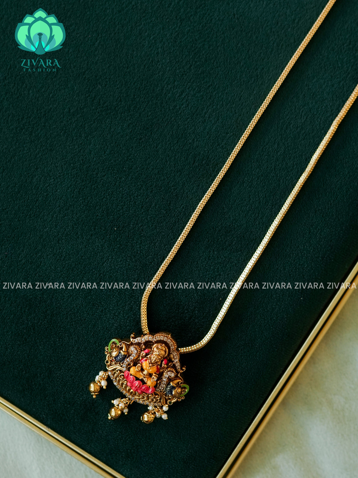 MADHURYA-HAND PAINTED-VINTAGE TEMPLE PENDANT WITH CHAIN - Traditional PREMIUM MATTE polish MIDCHEST neckwear with earrings- Zivara Fashion