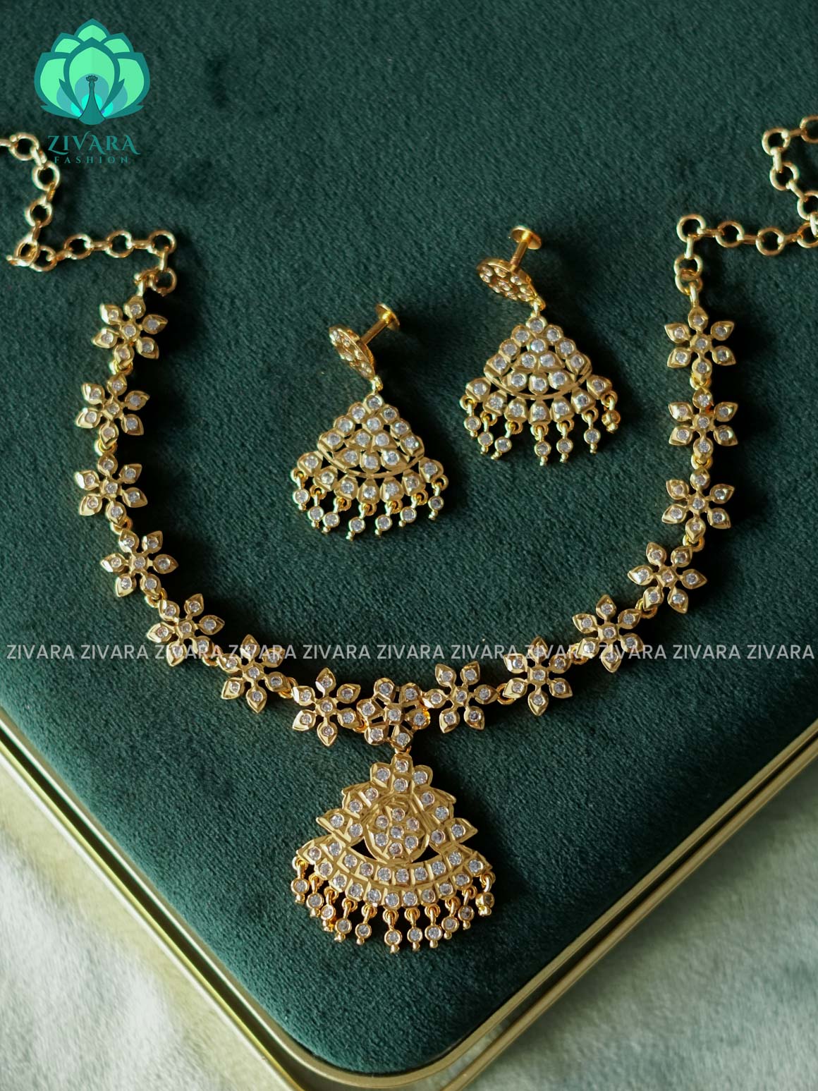 AMBIGAI-WHITE STONE MICROGOLD POLISH ATTIGAI WITH EARRING - Zivara Fashion- latest jewellery desigN