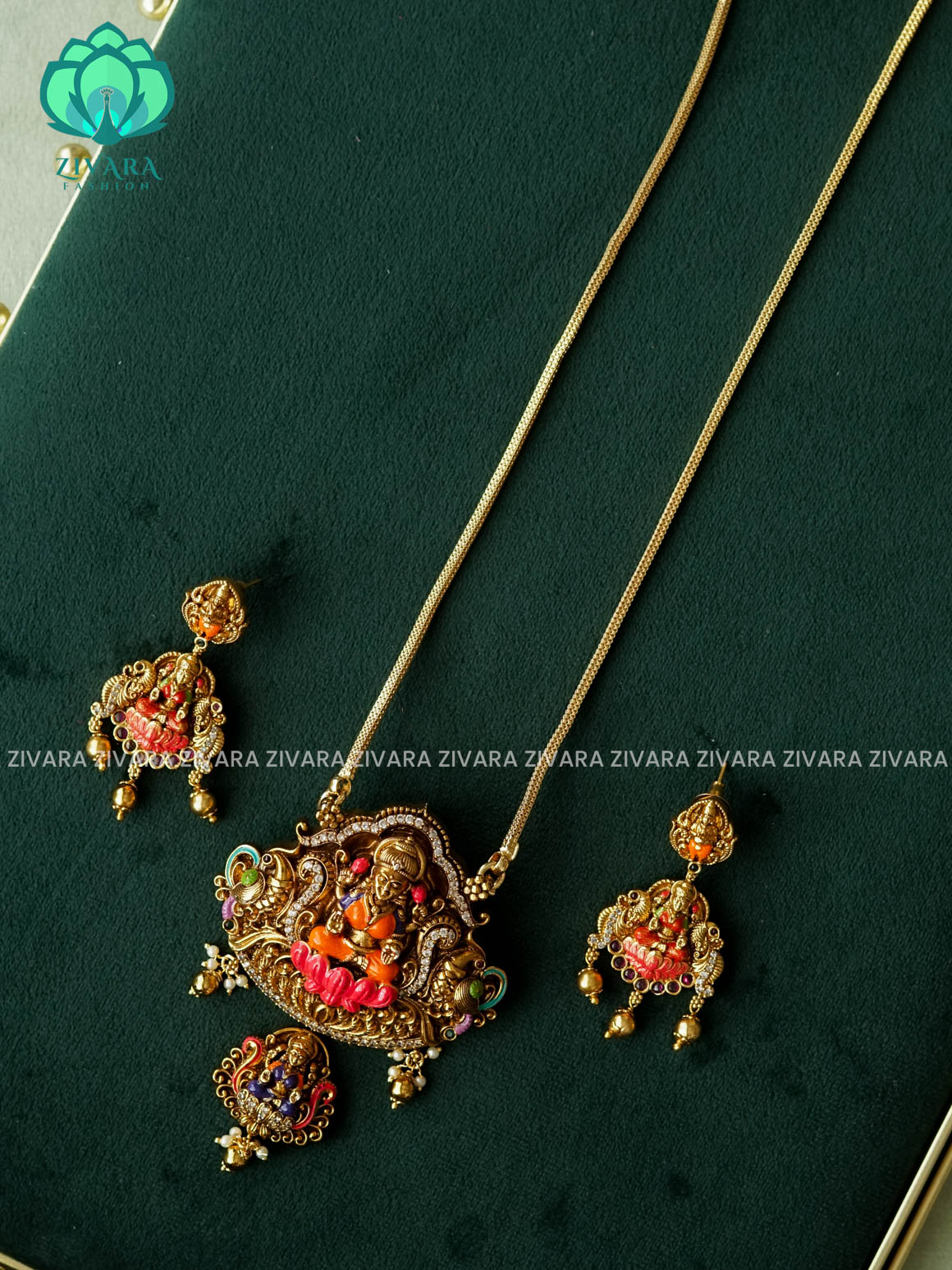 MADHURYA-HAND PAINTED-VINTAGE TEMPLE PENDANT WITH CHAIN - Traditional NORMAL MATTE polish MIDCHEST neckwear with earrings- Zivara Fashion