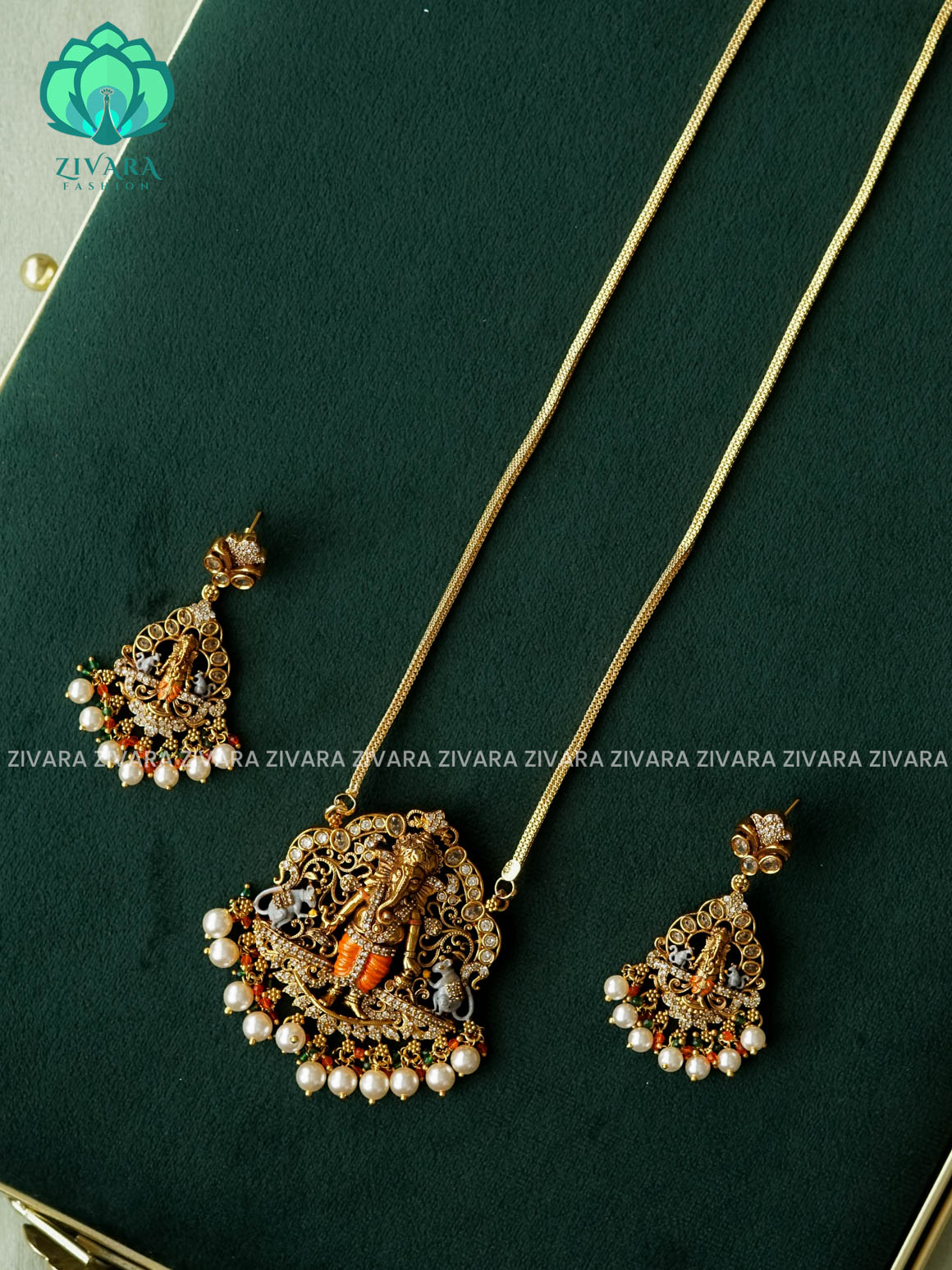 MADHURYA-HAND PAINTED-VINTAGE TEMPLE PENDANT WITH CHAIN - Traditional NORMAL MATTE polish MIDCHEST neckwear with earrings- Zivara Fashion