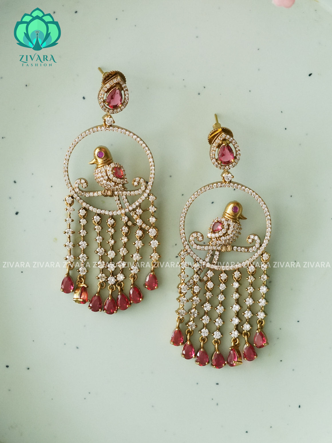 RUBY - PARROT MOTIF stylish bridal- GOLD polish finish hanging with studs- latest jewellery collection- zivara fashion