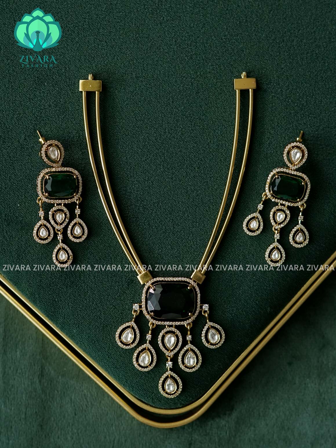 AKSHAYAM - GREEN BRIDAL HASLI  - PREMIUM SUBTLE GOLD FINISH  stylish and minimal elegant neckwear with earrings- Zivara Fashion