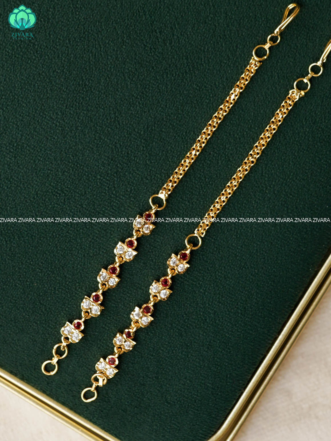 AMBIGAI - WHITE STONE MICROGOLD POLISH straight  earchain maatal- south indian kemp bridal accessory