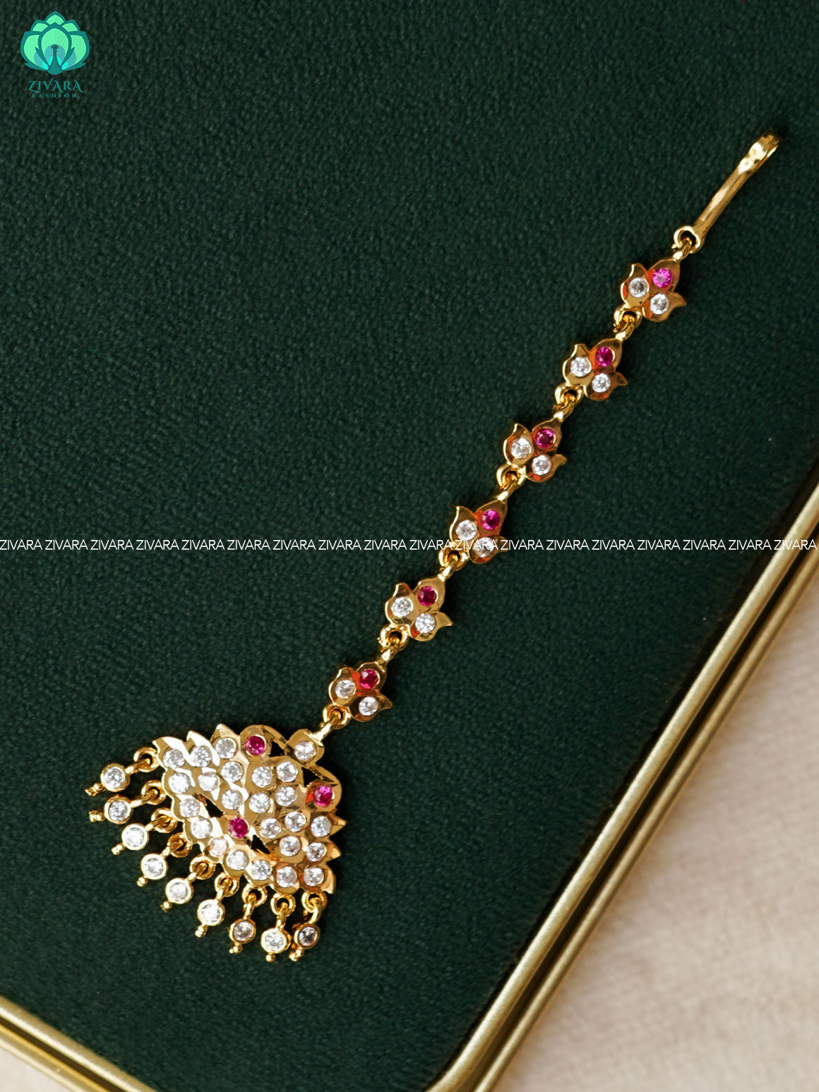 AMBIGAI-PINK AND WHITE STONE TIKKA/CHUTTI MICROGOLD POLISH bridal head accessory- latest bridal collection - Zivara fashion