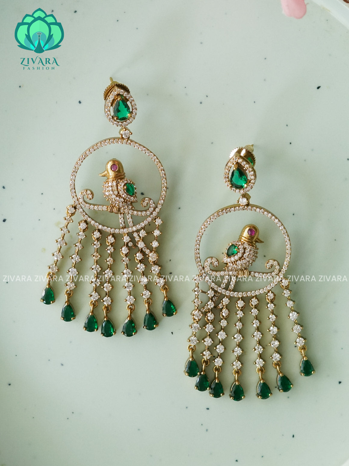 GREEN - PARROT MOTIF stylish bridal- GOLD polish finish hanging with studs- latest jewellery collection- zivara fashion