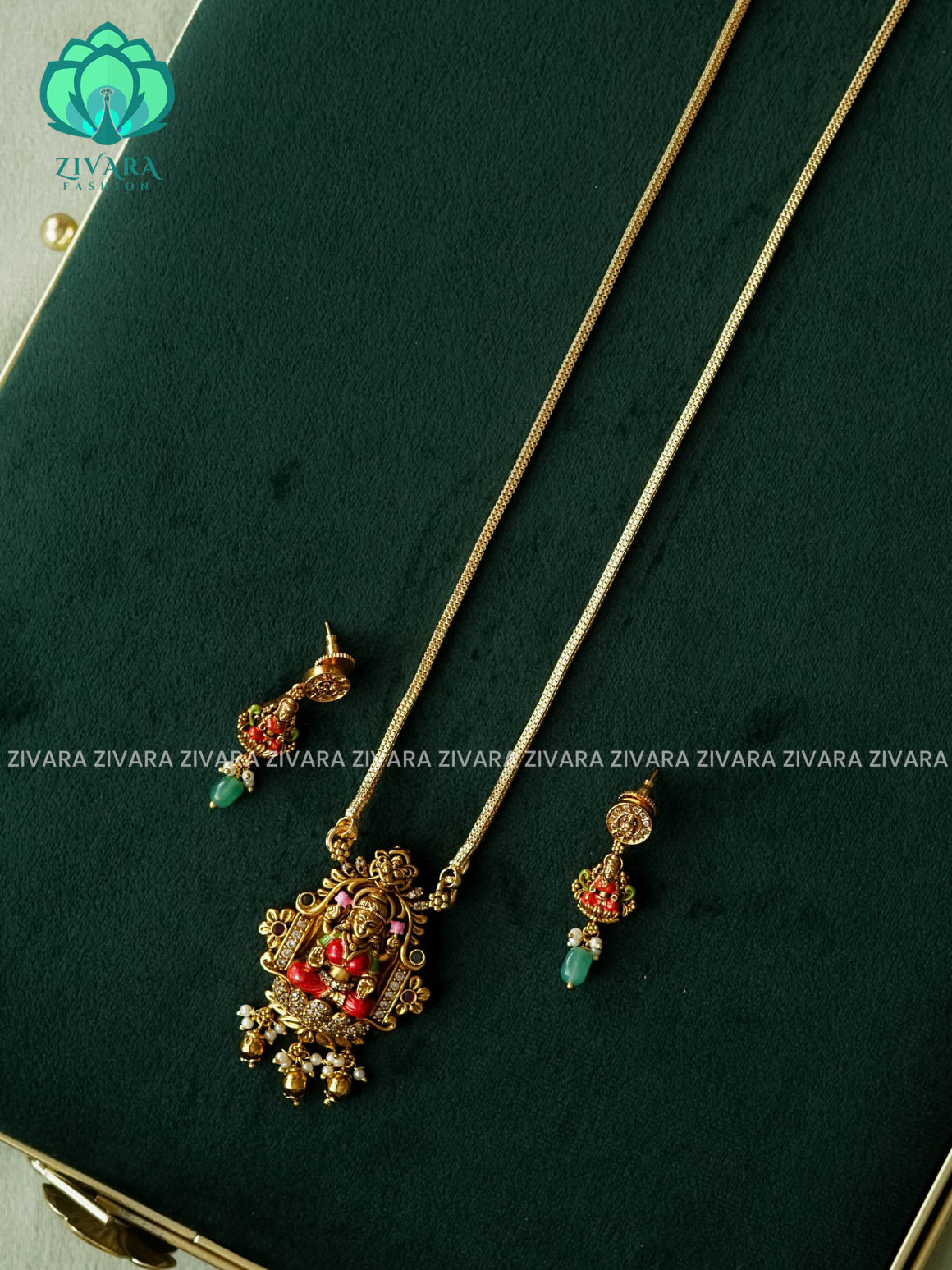 MADHURYA-HAND PAINTED-VINTAGE TEMPLE PENDANT WITH CHAIN - Traditional NORMAL MATTE polish MIDCHEST neckwear with earrings- Zivara Fashion