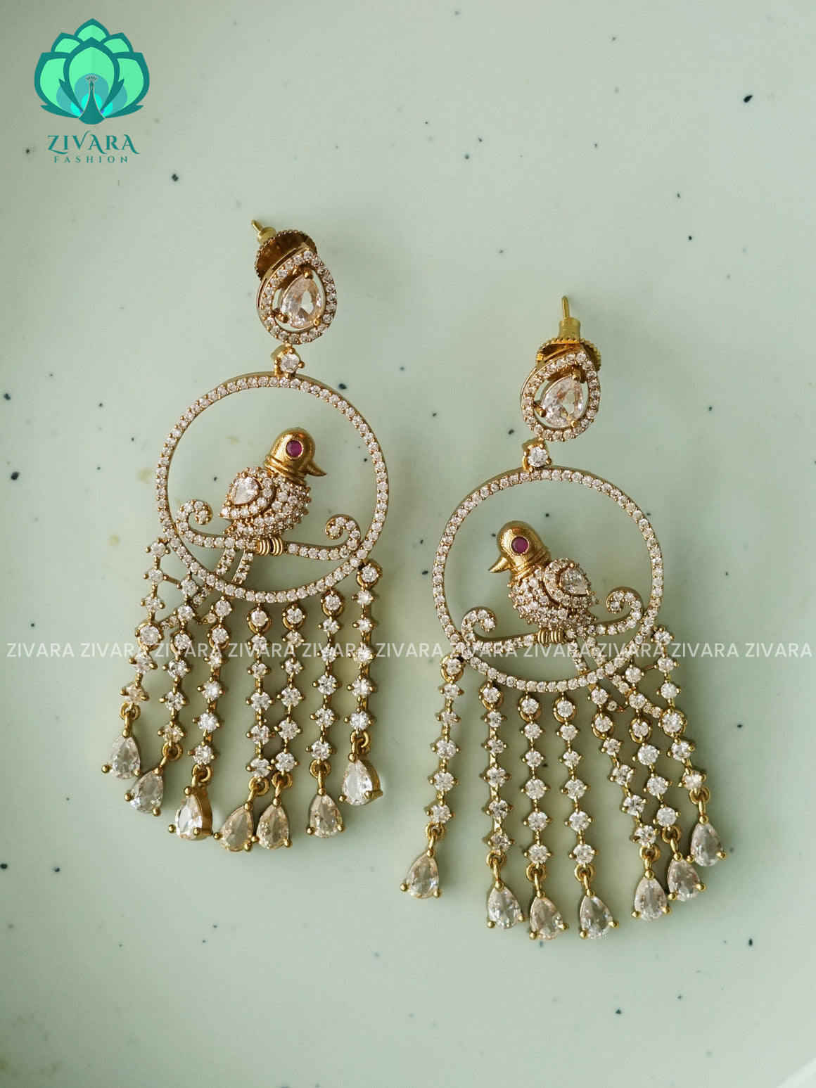 WHITE - PARROT MOTIF stylish bridal- GOLD polish finish hanging with studs- latest jewellery collection- zivara fashion