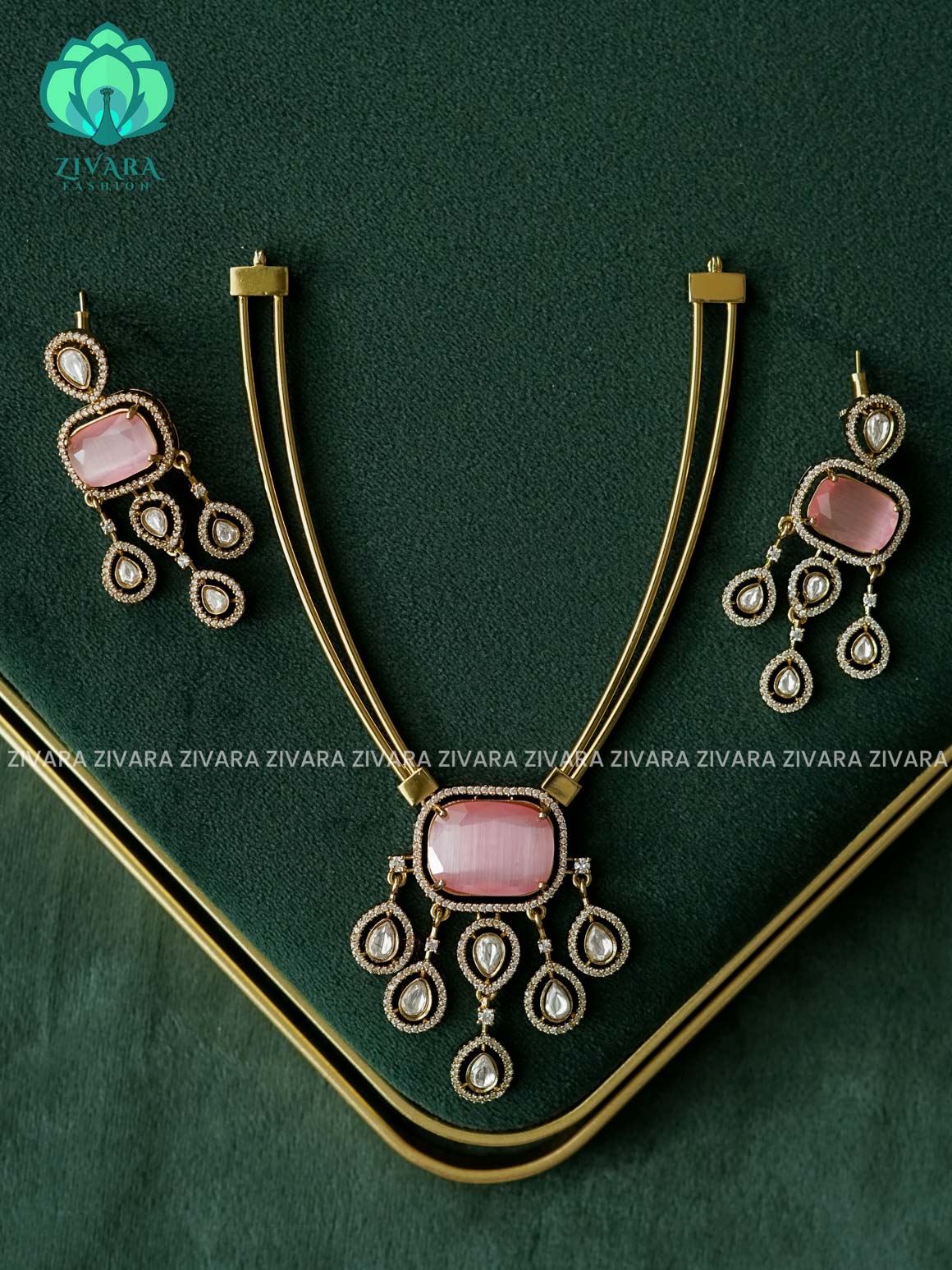AKSHAYAM - PASTEL PINK BRIDAL HASLI  - PREMIUM SUBTLE GOLD FINISH  stylish and minimal elegant neckwear with earrings- Zivara Fashion
