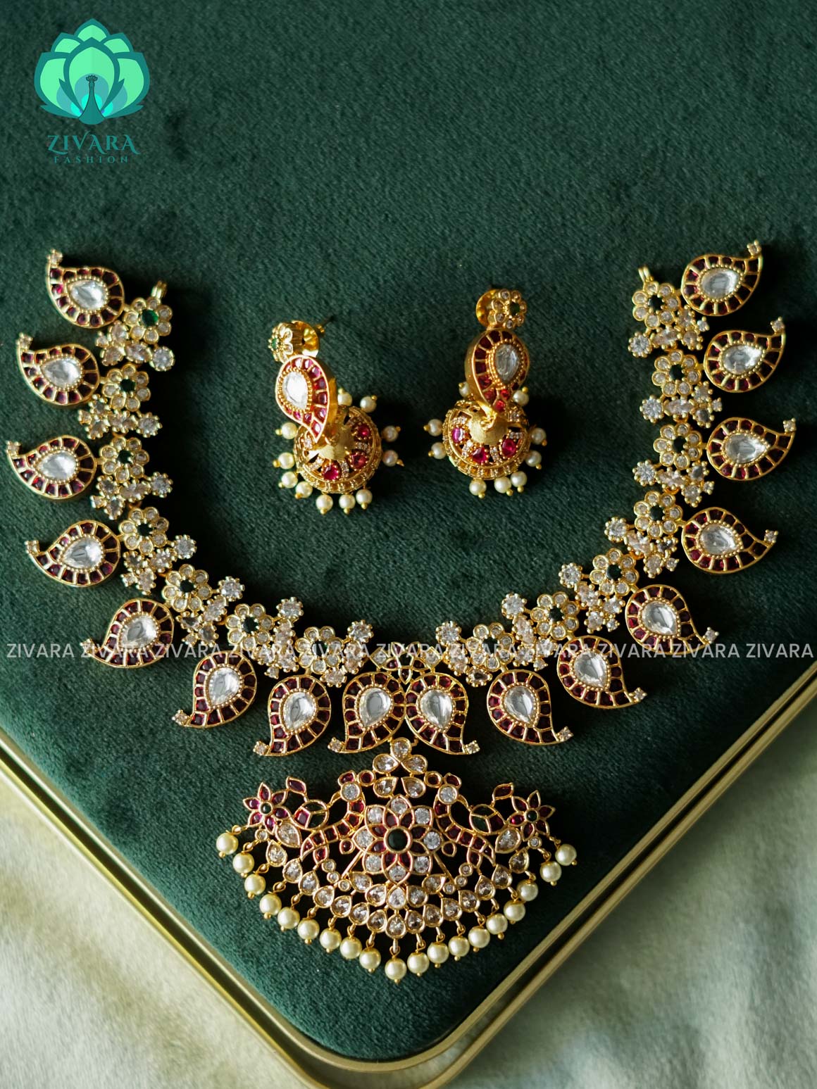 AKSHAYAM -  RUBY GREEN STONE MANGO WITH PEACOCK PENDANT - Traditional south indian premium neckwear with earrings- Zivara Fashion- latest jewellery design