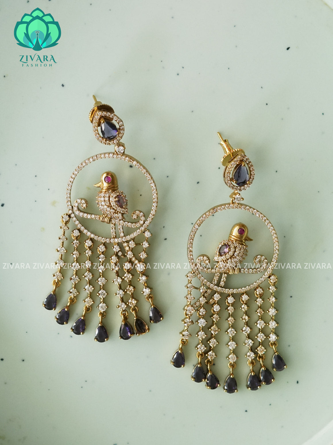 PURPLE - PARROT MOTIF stylish bridal- GOLD polish finish hanging with studs- latest jewellery collection- zivara fashion
