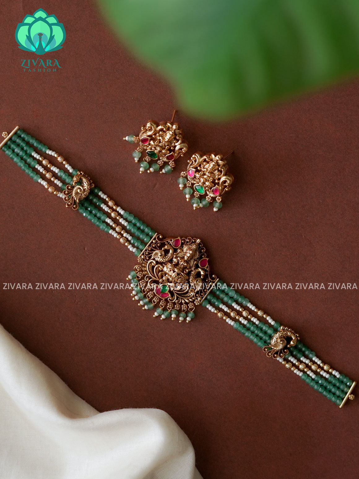 GREEN BEADS TEMPLE CHOKER - TRADITIONAL CHOKER COLLECTION WITH EARRINGS- LATEST JEWELLERY COLLECTION