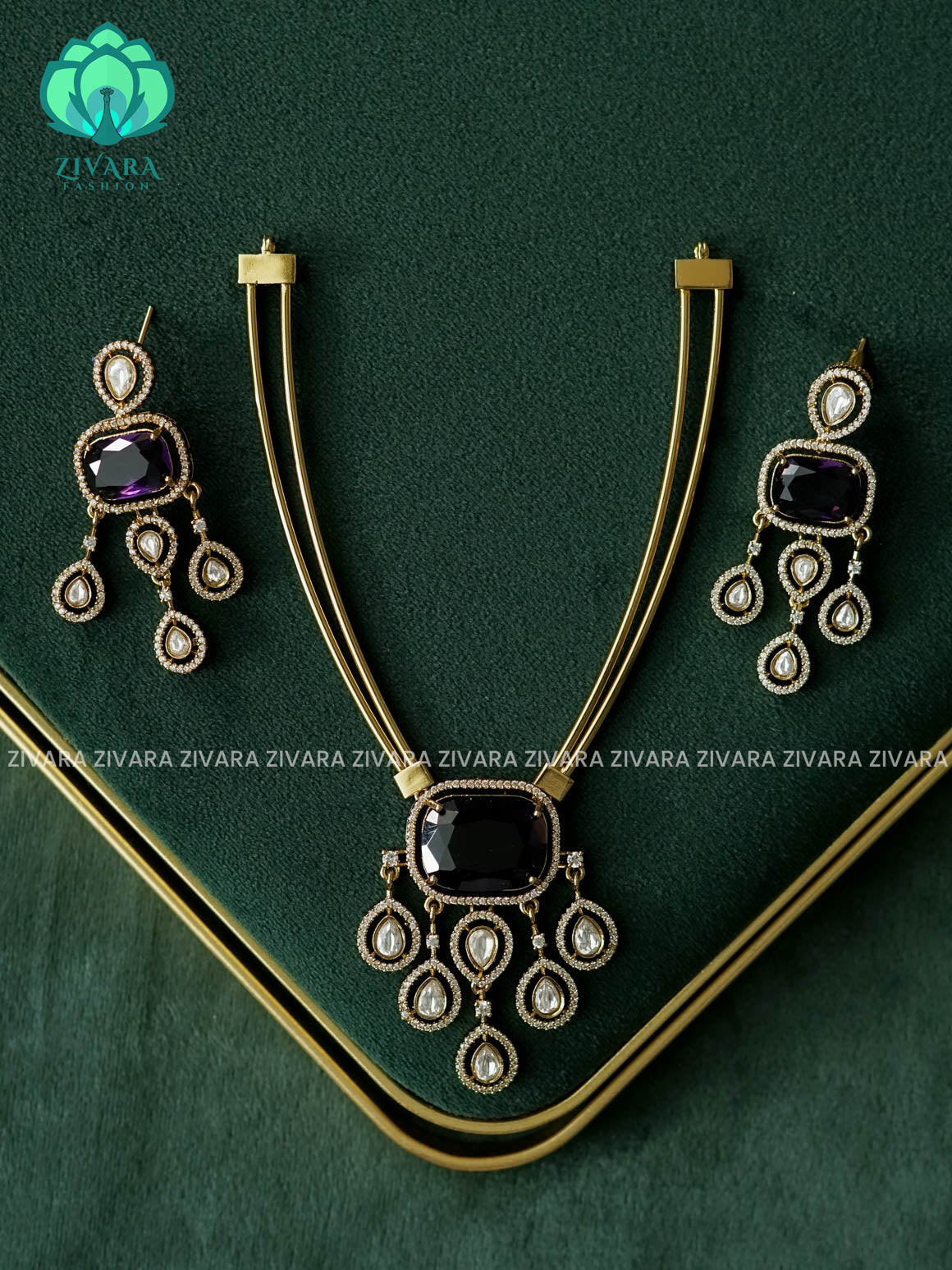 AKSHAYAM - PURPLE BRIDAL HASLI  - PREMIUM SUBTLE GOLD FINISH  stylish and minimal elegant neckwear with earrings- Zivara Fashion