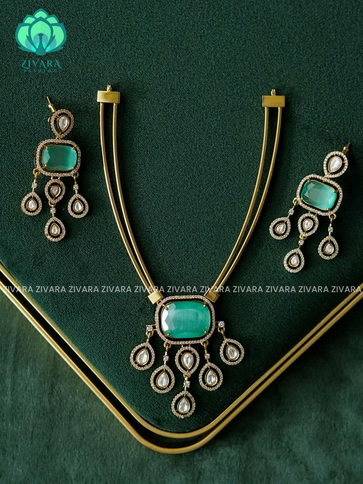 AKSHAYAM - PASTEL GREEN BRIDAL HASLI  - PREMIUM SUBTLE GOLD FINISH  stylish and minimal elegant neckwear with earrings- Zivara Fashion