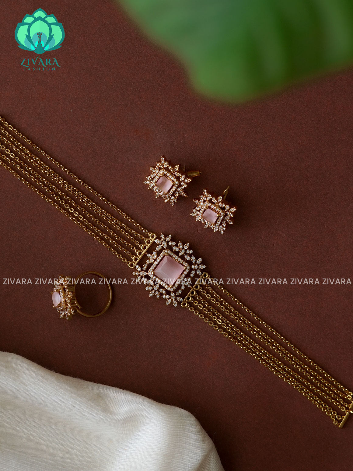 PASTEL PINK SQUARE STONE GOLD LINE CHOKER COMBO - TRADITIONAL CHOKER COLLECTION WITH EARRINGS- LATEST JEWELLERY COLLECTION