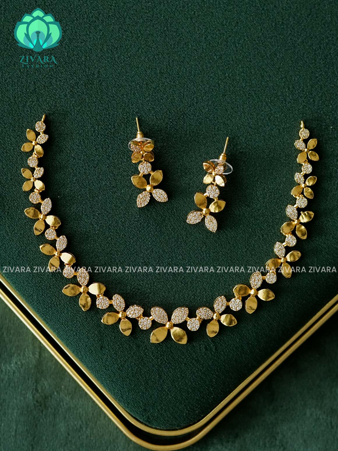 KANYA WHITE STONE FLORAL DIAMOND REPLICA -  SUBTLE POLISH stylish and minimal elegant neckwear with earrings- Zivara Fashion