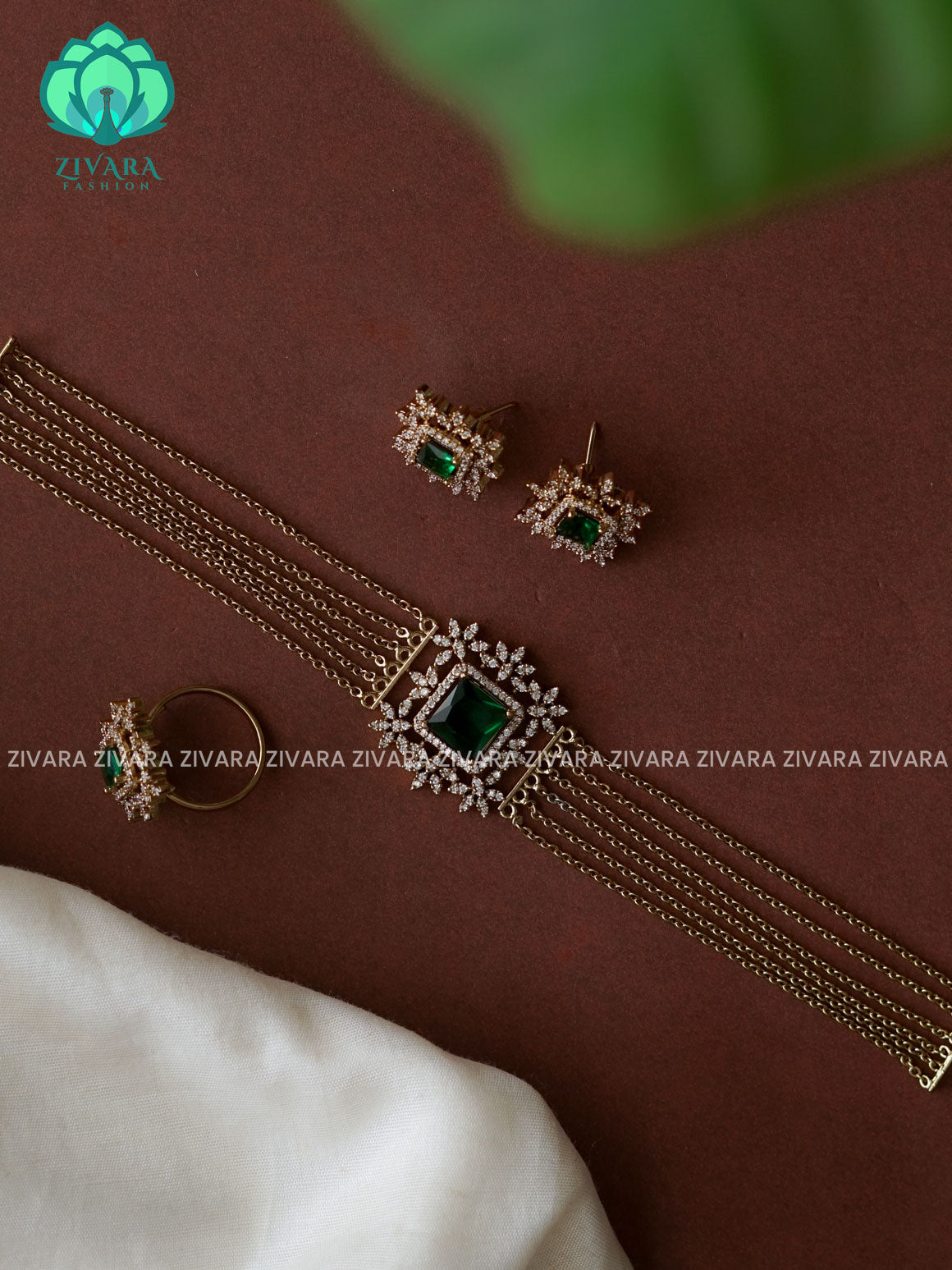 GREEN SQUARE STONE GOLD LINE CHOKER COMBO - TRADITIONAL CHOKER COLLECTION WITH EARRINGS- LATEST JEWELLERY COLLECTION