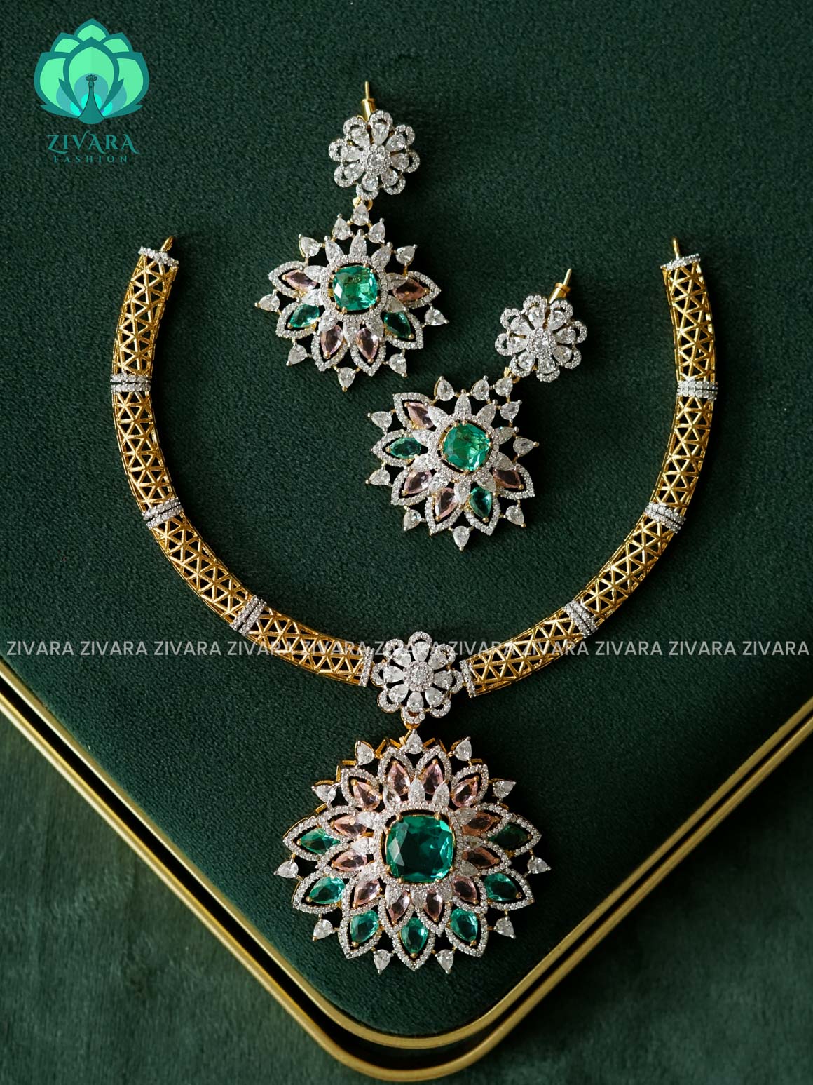 AKSHAYAM - TURQUOISE GREEN AND PASTEL PINK AD STONE BRIDAL HASLI  - PREMIUM MICROGOLD  POLISH - stylish and minimal elegant neckwear- Zivara Fashion