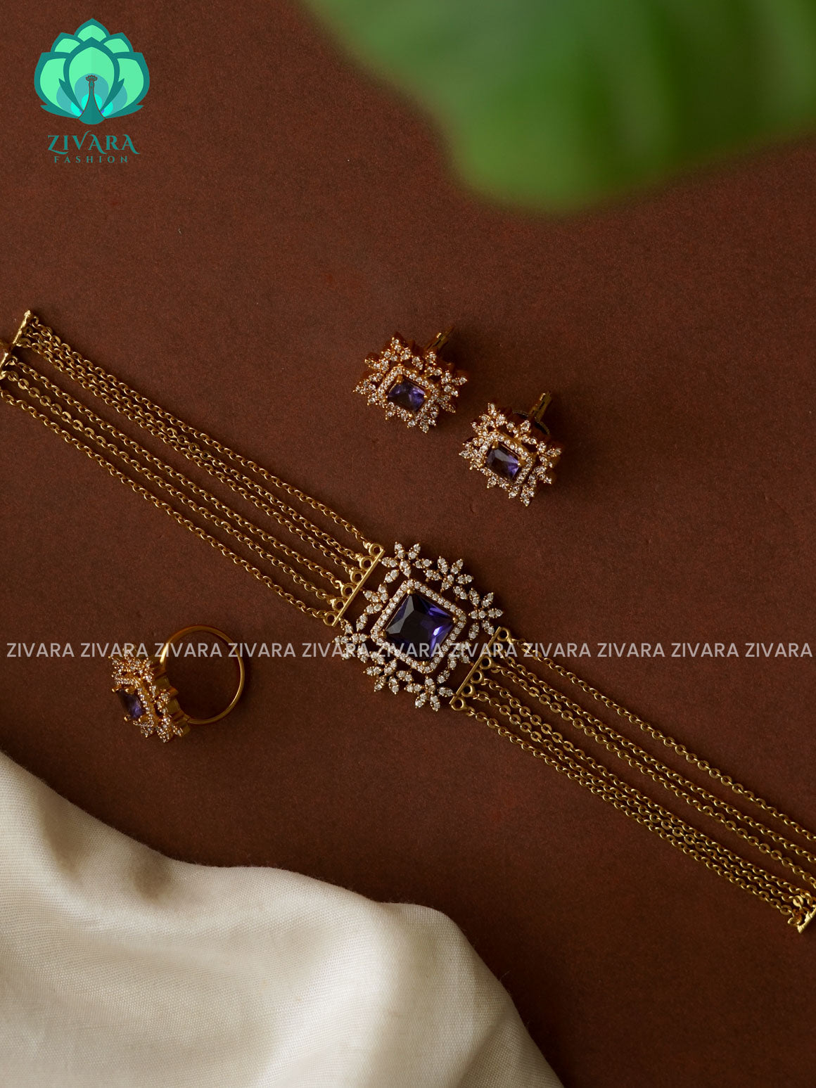 PURPLE SQUARE STONE GOLD LINE CHOKER COMBO - TRADITIONAL CHOKER COLLECTION WITH EARRINGS- LATEST JEWELLERY COLLECTION