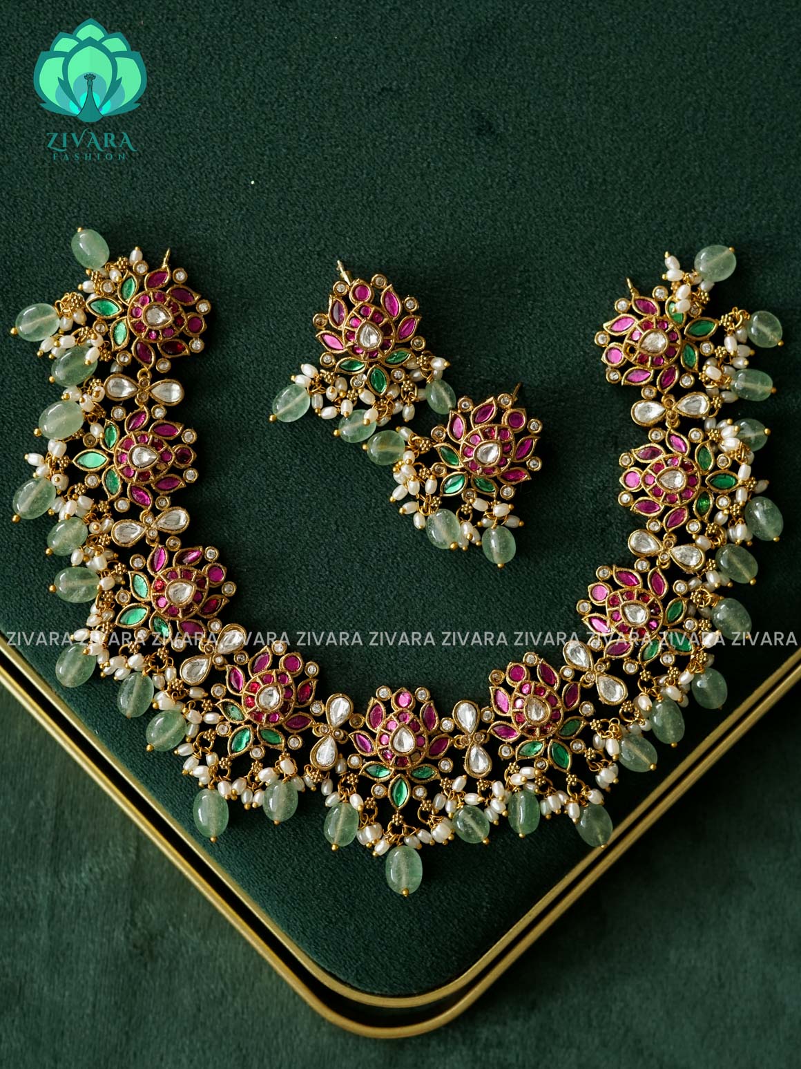 AKSHAYAM - LOTUS WITH GREEN BEADS HANGINGS -Traditional south indian premium neckwear with earrings- Zivara Fashion- latest jewellery design.