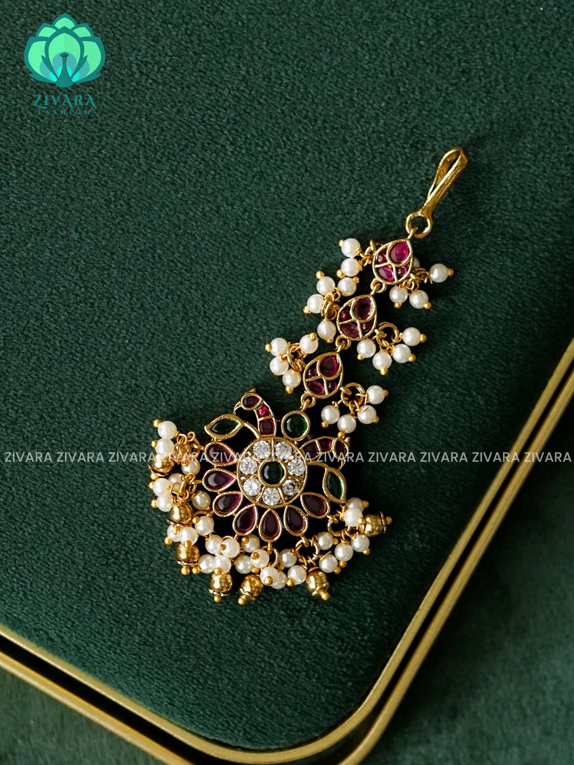 REAL KEMP PEACOCK MOTIF CHUTTI WITH  HANGINGS - bridal head accessory- latest bridal collection - Zivara fashion