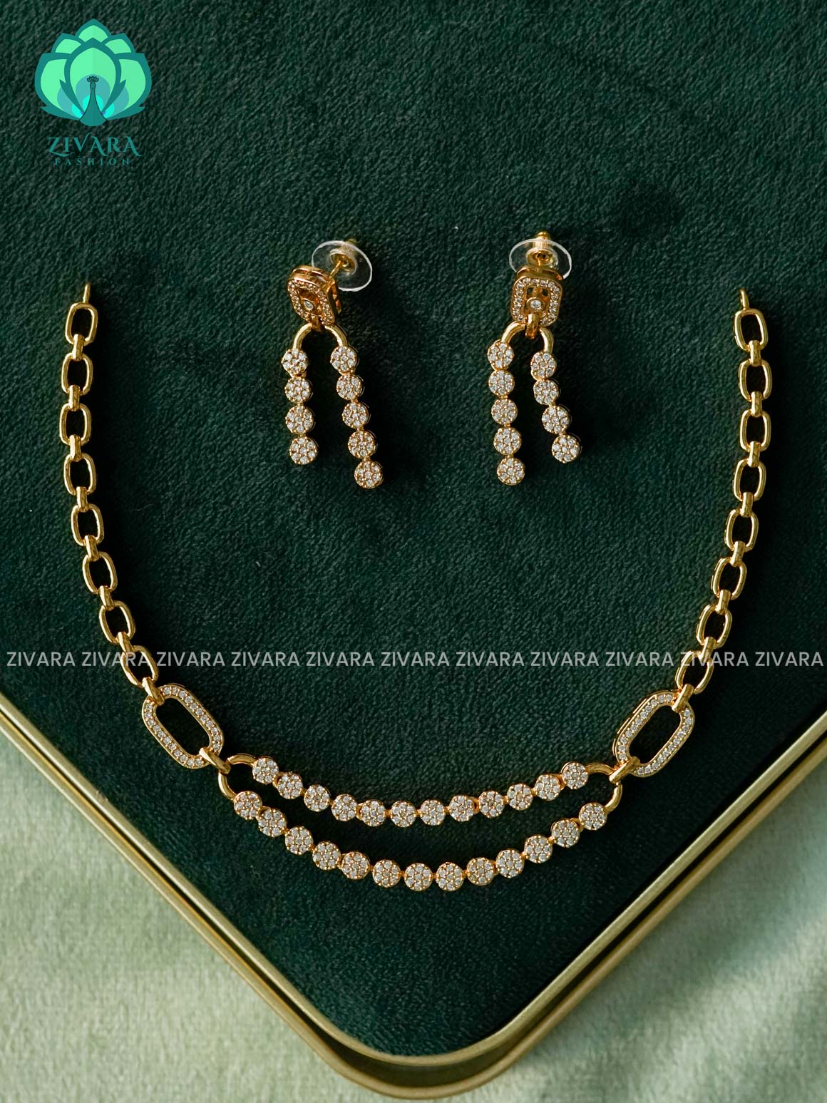 STEP WHITE STONE   - AD MICROGOLD POLISH NECKWEAR WITH EARRING - Zivara Fashion- latest jewellery design