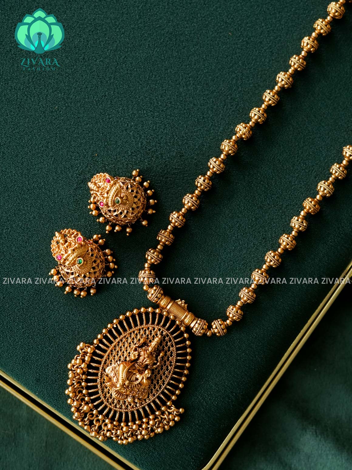 VISHALI  TEMPLE PENDANT GOLD BALL CHAIN - Traditional NORMAL MATTE polish MIDCHEST haaram/neckwear with earrings- Zivara Fashion