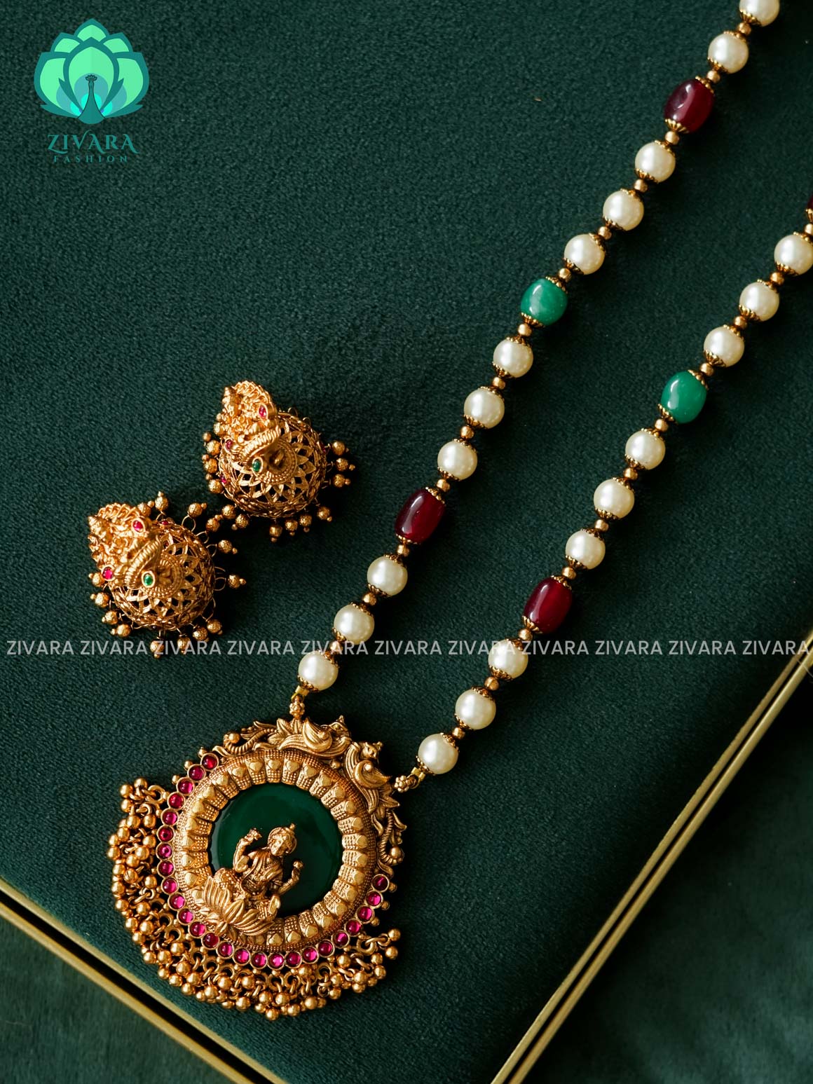 VISHALI GREEN STONE TEMPLE PENDANT PEARL CHAIN - Traditional NORMAL MATTE polish MIDCHEST haaram/neckwear with earrings- Zivara Fashion
