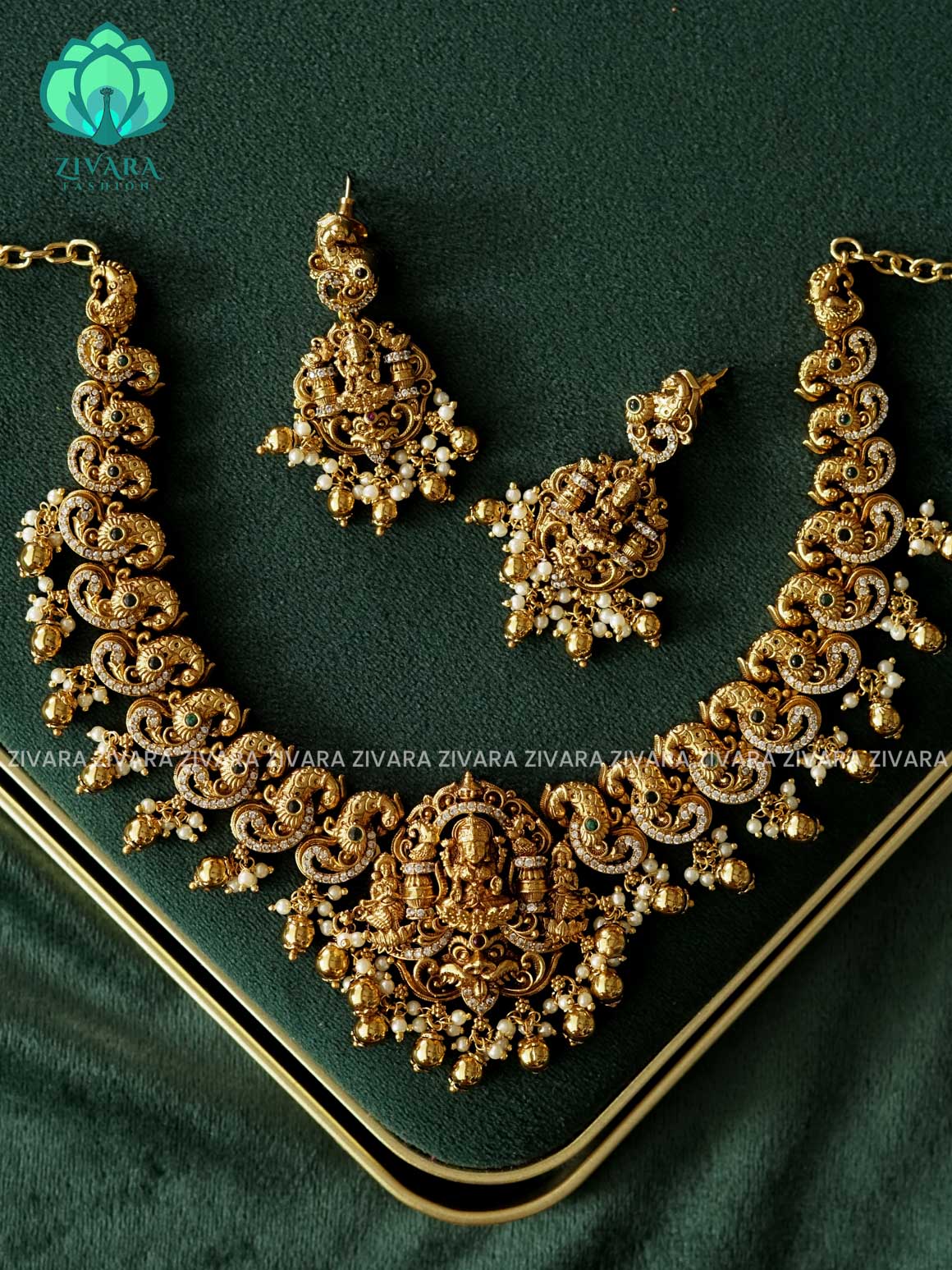 AKSHAYAM - TEMPLE PEACOCK BRIDAL  neckwear with green beads hangings with earrings- Zivara Fashion