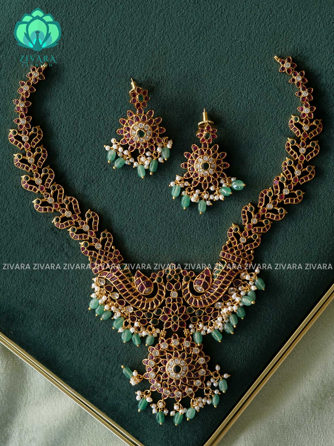 PEACOCK BRIDAL REAL KEMP WITH GREEN BEADS HANGINGS -Traditional south indian premium neckwear with earrings- Zivara Fashion- latest jewellery design.