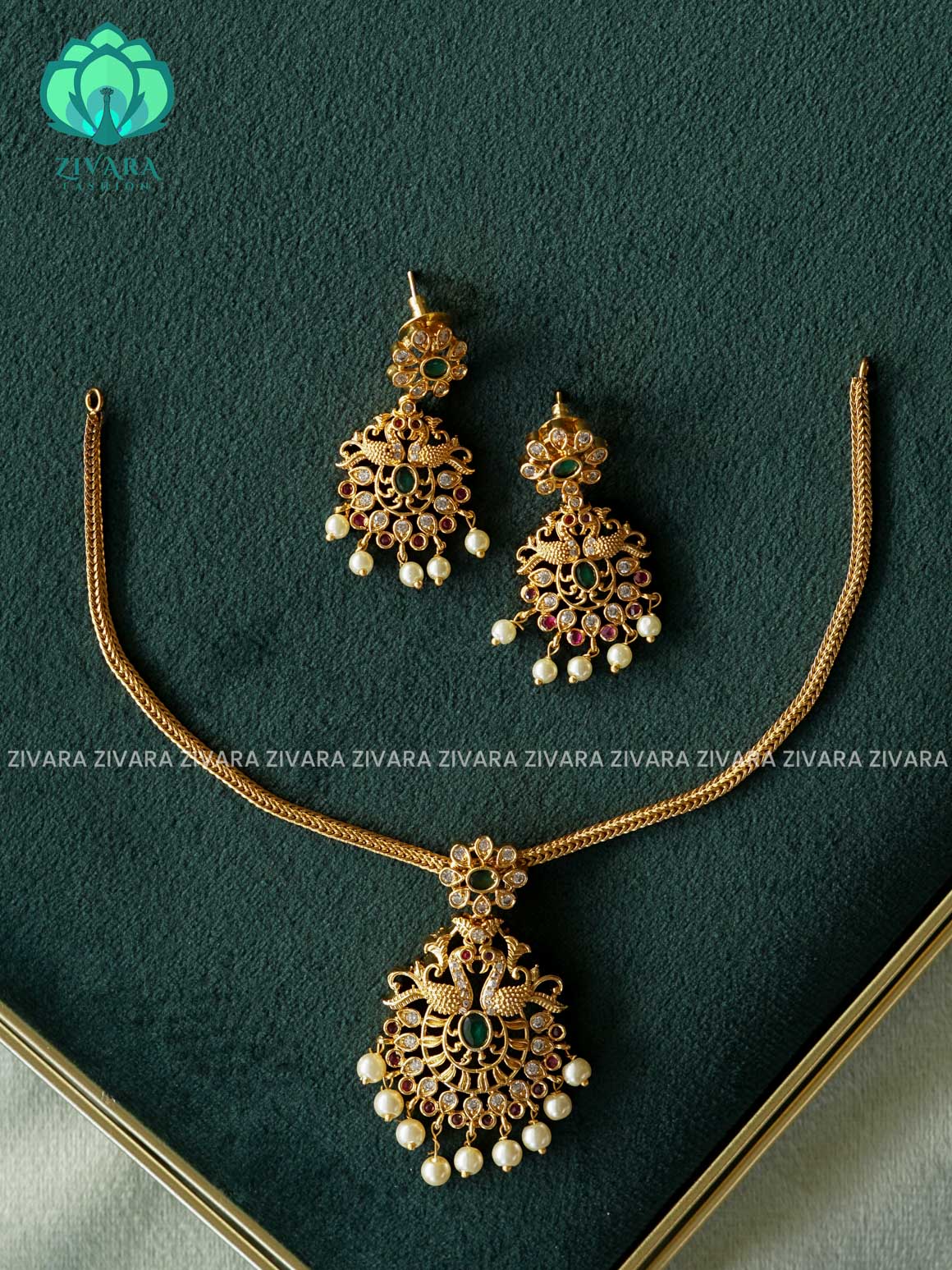 GREEN STONE PEACOCK PENDANT  - FLEXIBLE CHAIN WITH HANGINGS -Traditional south indian premium neckwear with earrings- Zivara Fashion- latest jewellery design