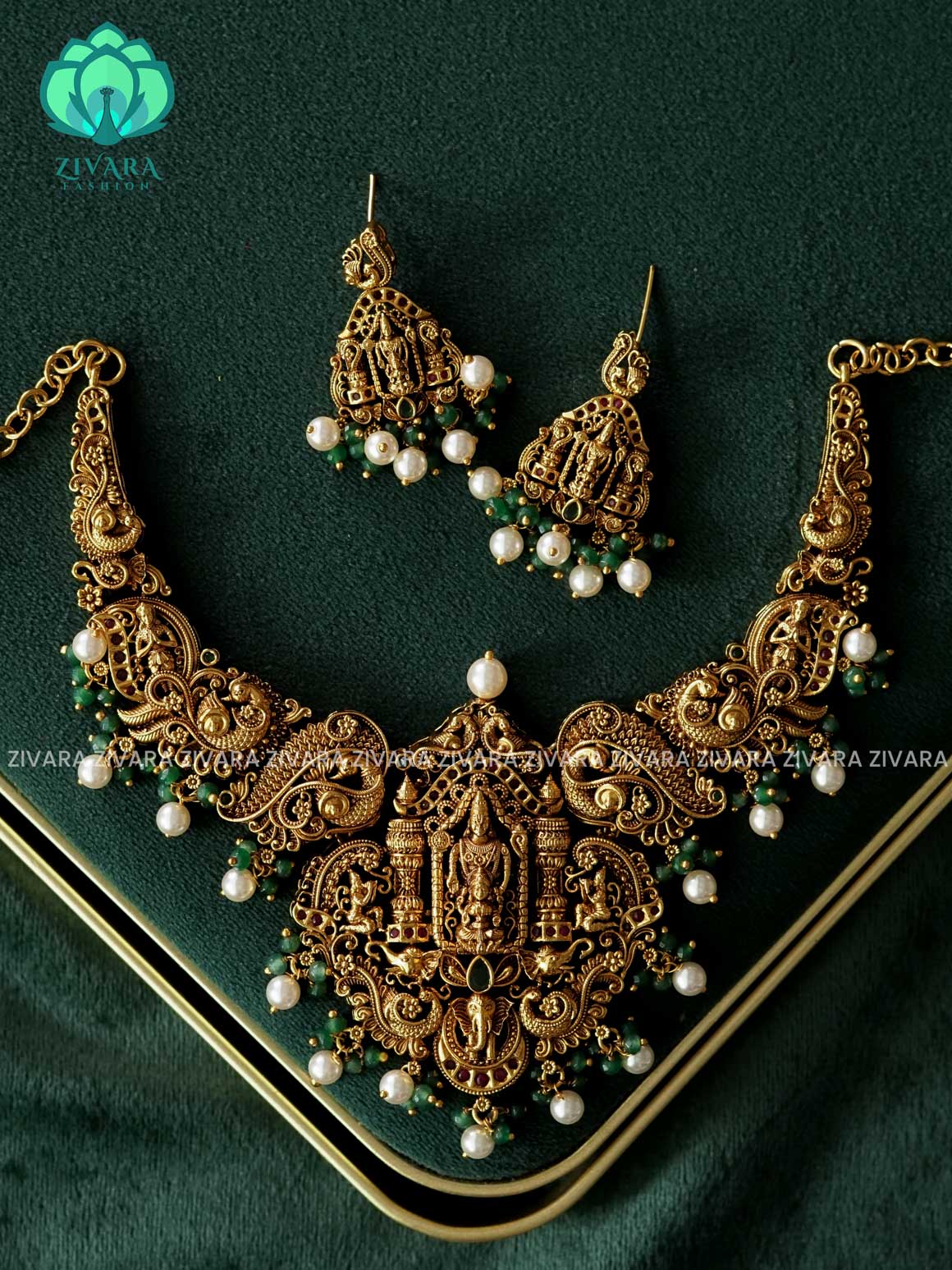 AKSHAYAM - TIRUMAL BRIDAL  neckwear with green beads hangings with earrings- Zivara Fashion