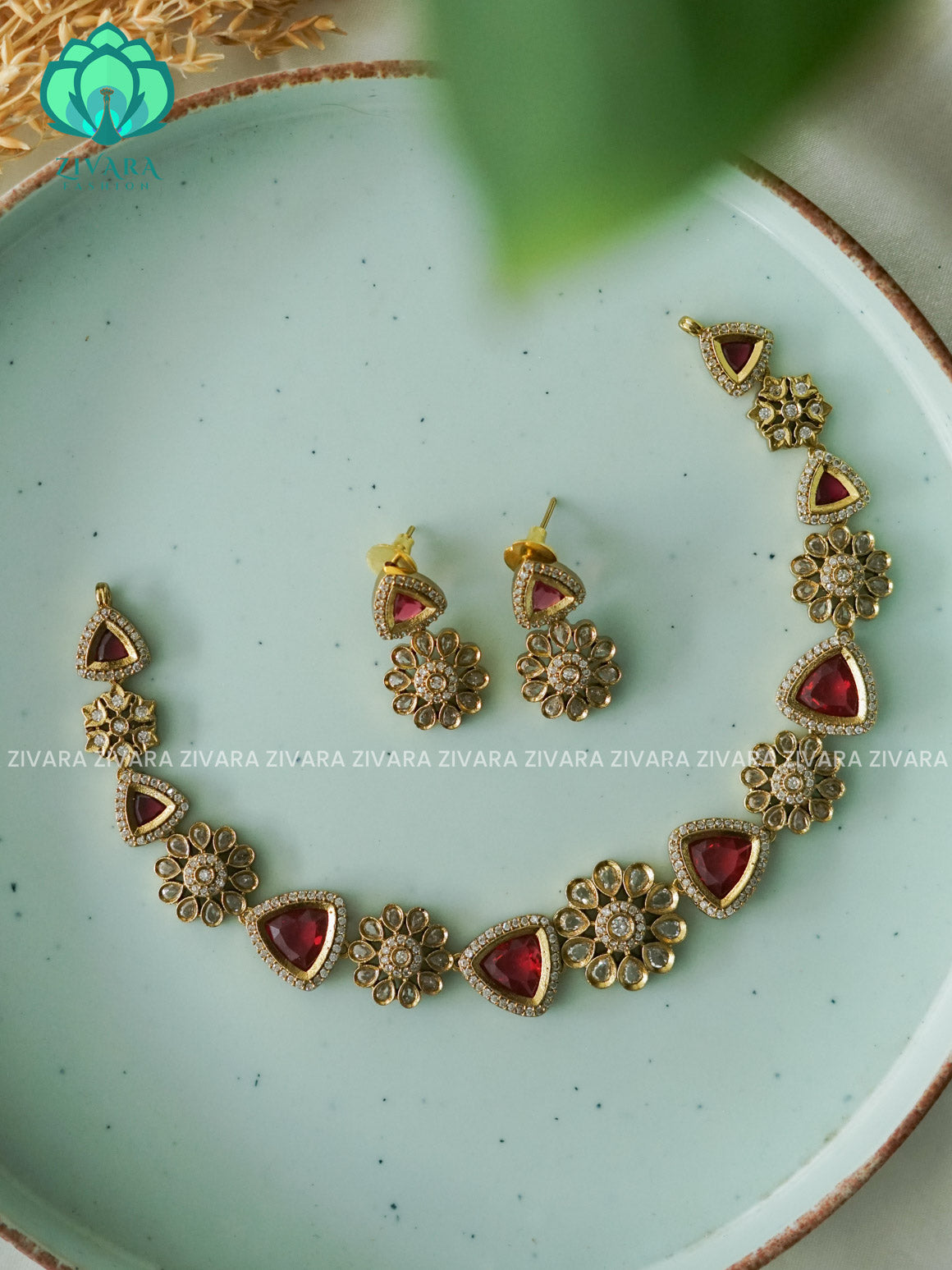 RUBY  Small Flower and triangle - stylish and minimal elegant neckwear with earrings- Zivara Fashion