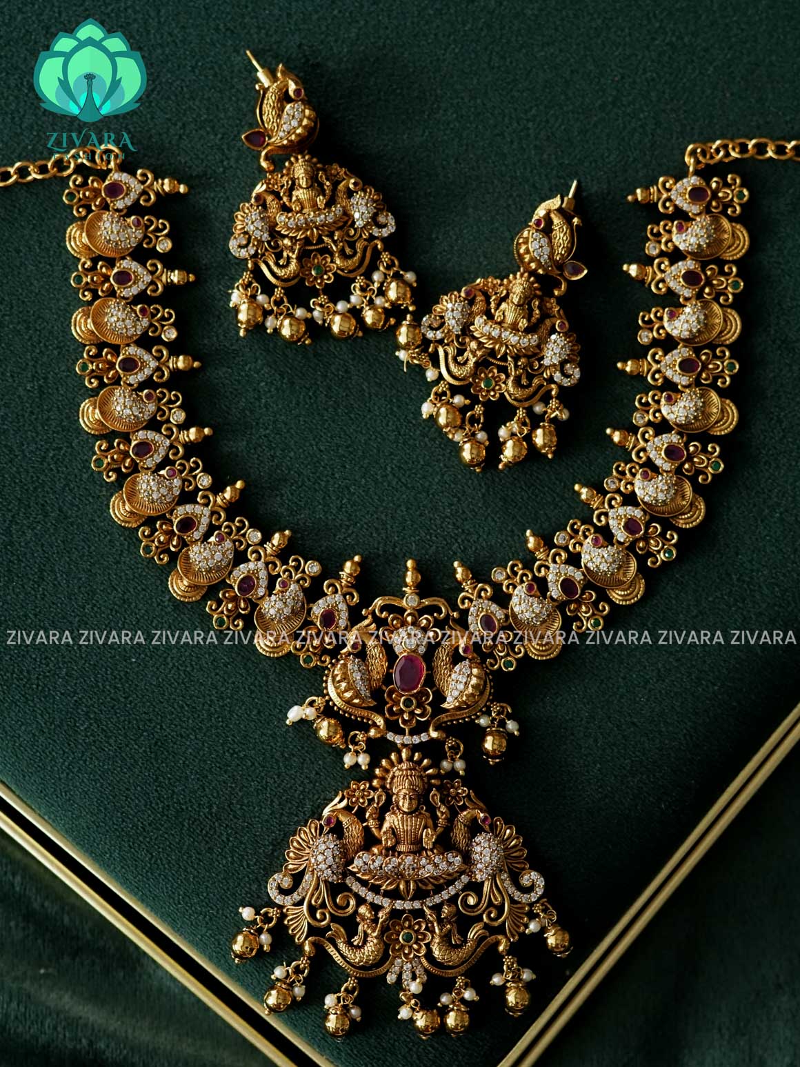 AKSHAYAM - TEMPLE BRIDAL  neckwear with green beads hangings with earrings- Zivara Fashion