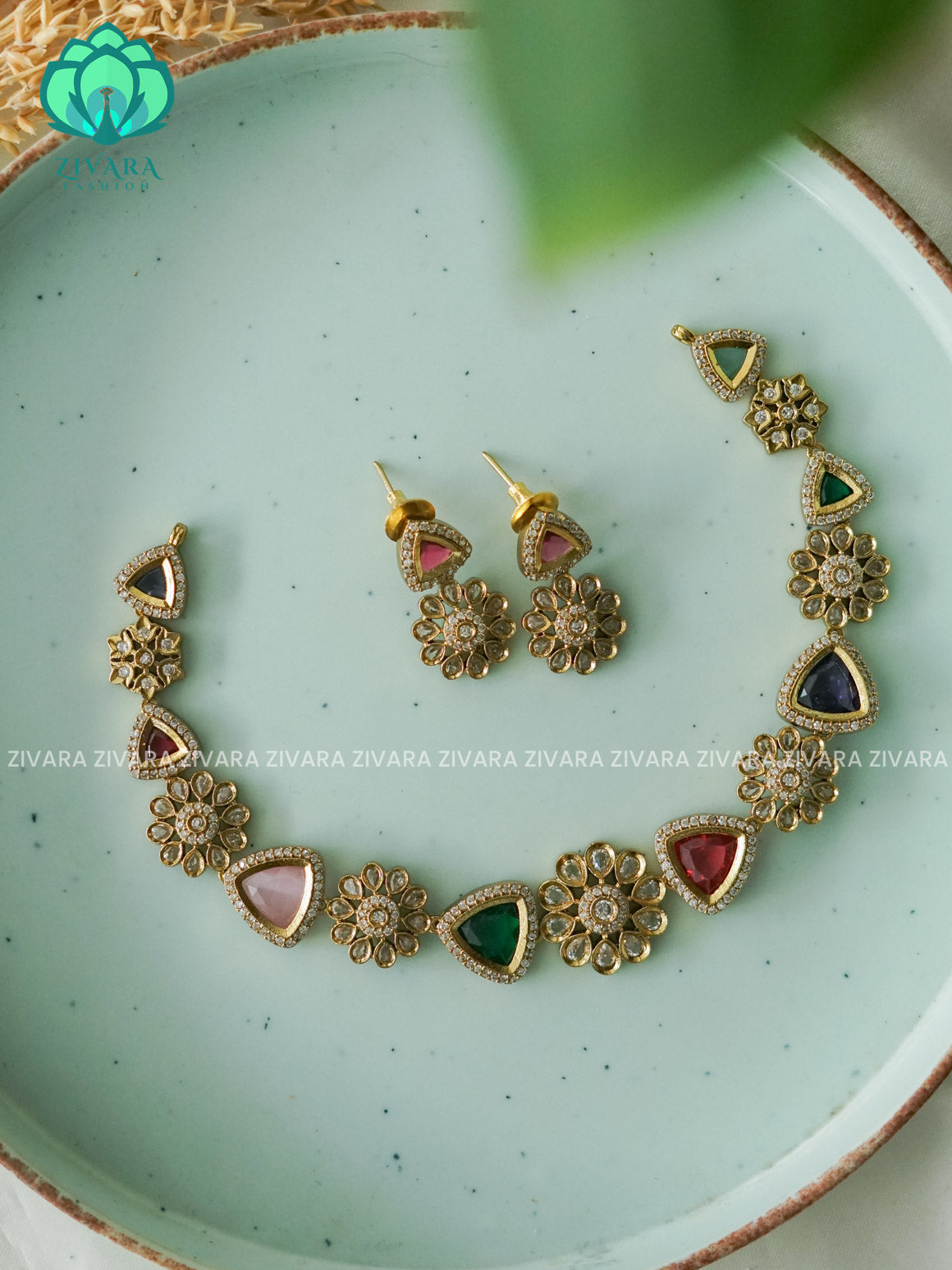 MULTICOLOUR  Small Flower and triangle - stylish and minimal elegant neckwear with earrings- Zivara Fashion