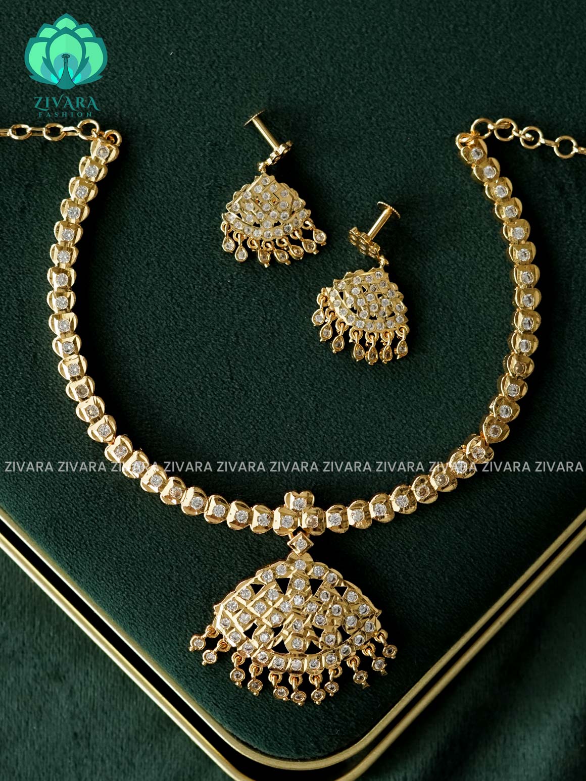 AMBIGAI-WHITE STONE MOTIF MICROGOLD POLISH ATTIGAI  - Zivara Fashion- latest jewellery desigN