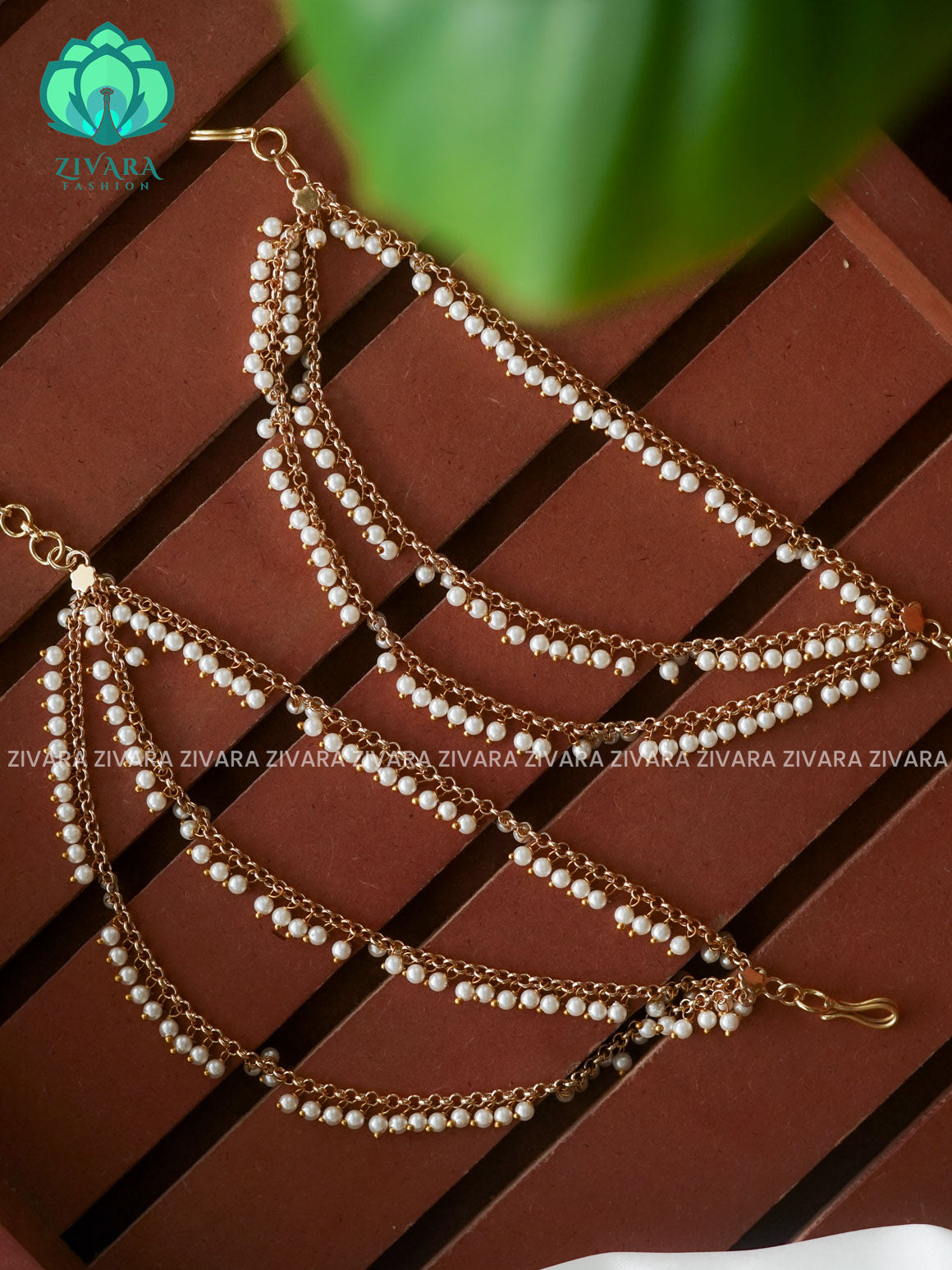 Three layer pearl premium finish bridal earchain maatal- south indian kemp bridal accessory