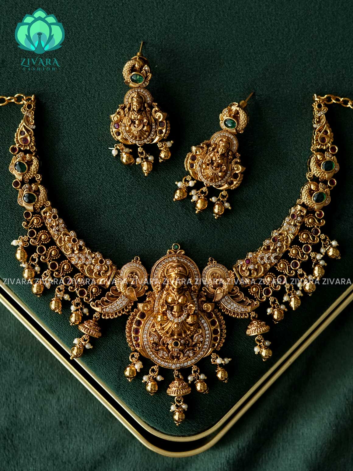 AKSHAYAM - TEMPLE BRIDAL  neckwear with green beads hangings with earrings- Zivara Fashion